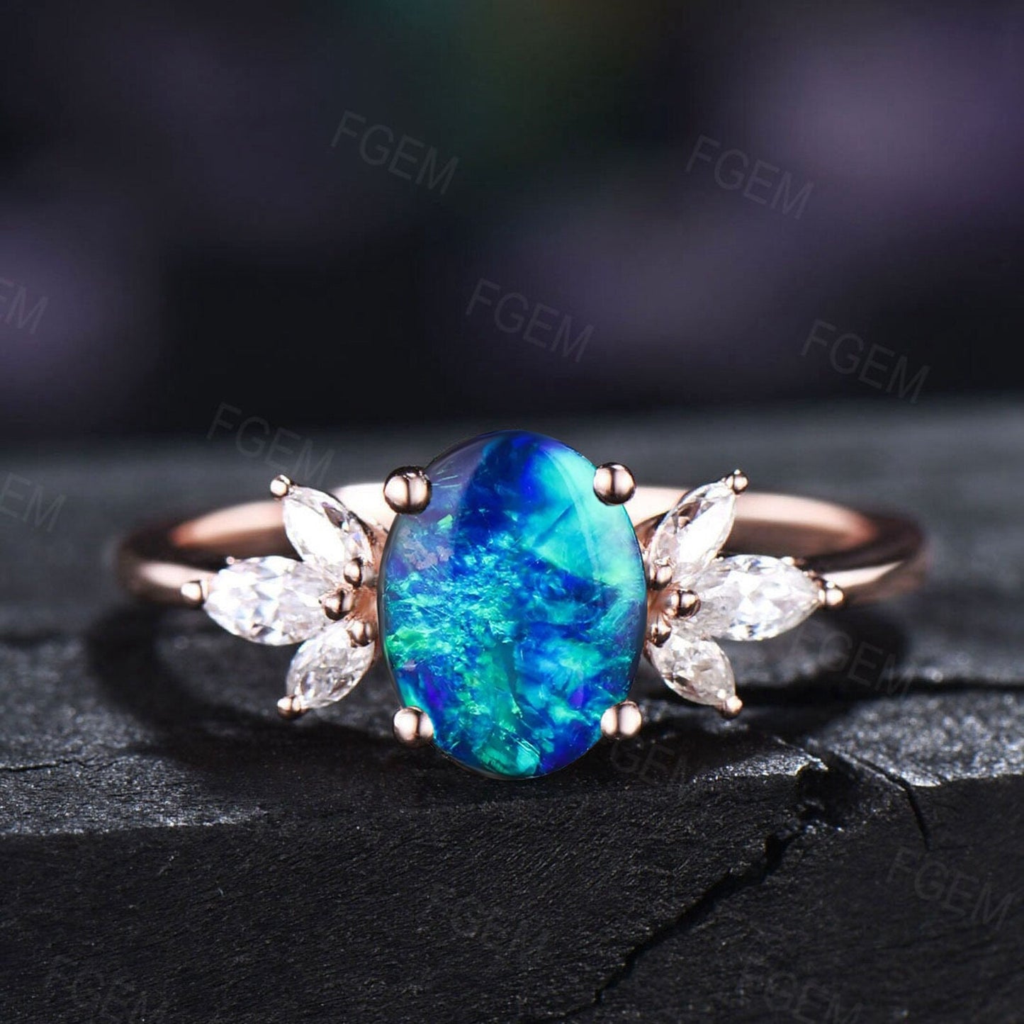 1.5ct Oval Cut Galaxy Blue Opal Promise Ring Sterling Silver Cluster CZ Diamond Flower Wedding Ring Unique Handmade Proposal Gifts for Women