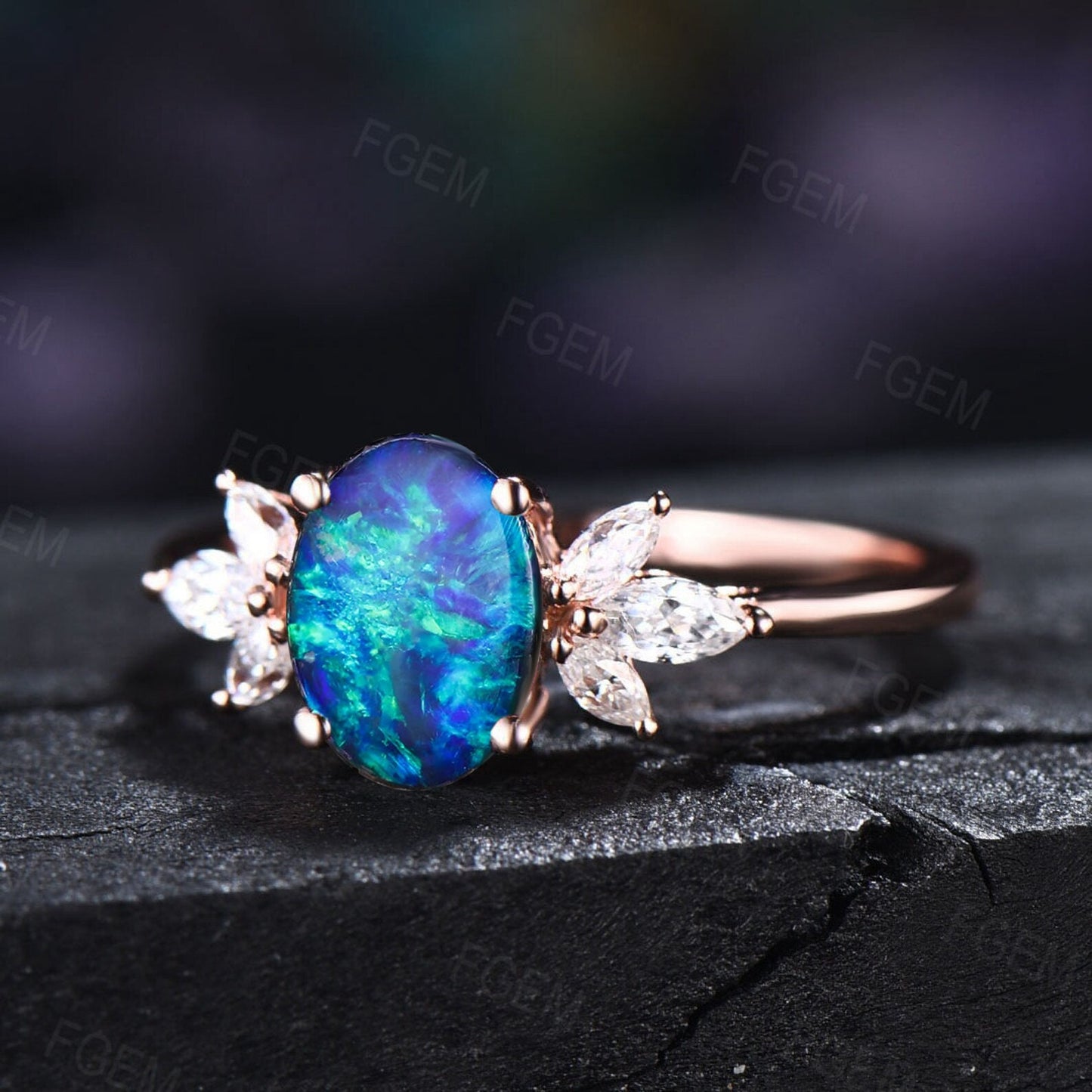1.5ct Oval Cut Galaxy Blue Opal Promise Ring Sterling Silver Cluster CZ Diamond Flower Wedding Ring Unique Handmade Proposal Gifts for Women