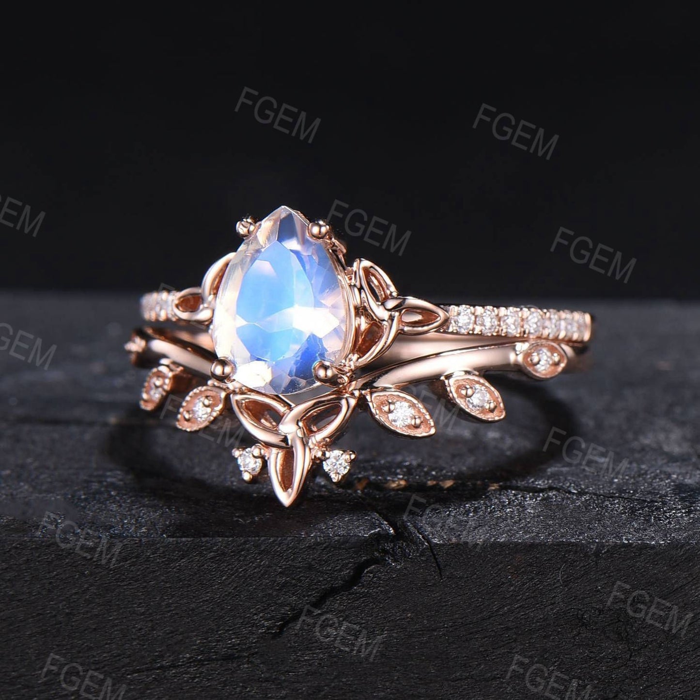 Celtic Moonstone Engagement Ring Set 10K Rose Gold 1.25ct Pear Natural Moonstone Wedding Ring Set Half Eternity Moissanite Trinity Knot Ring