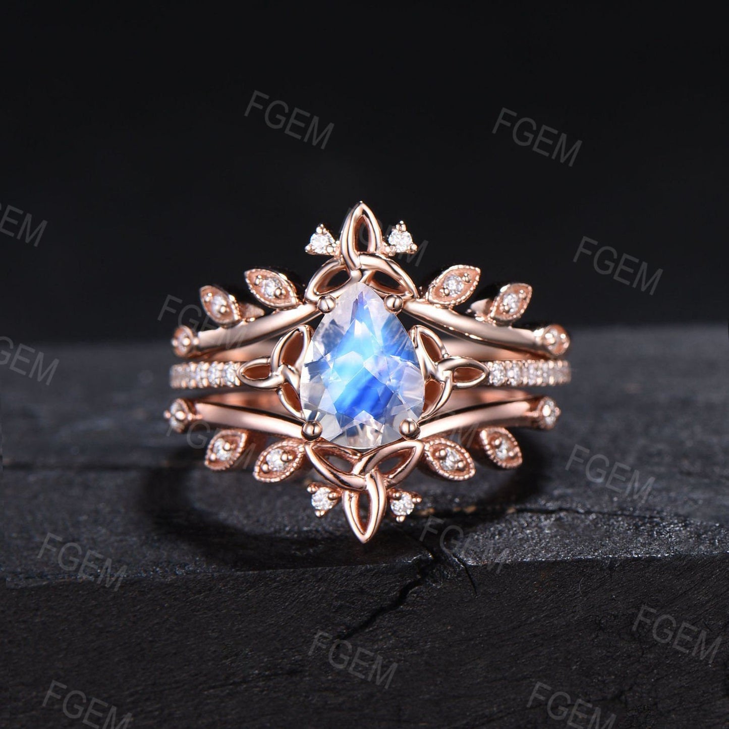 Celtic Moonstone Engagement Ring Set 10K Rose Gold 1.25ct Pear Natural Moonstone Wedding Ring Set Half Eternity Moissanite Trinity Knot Ring