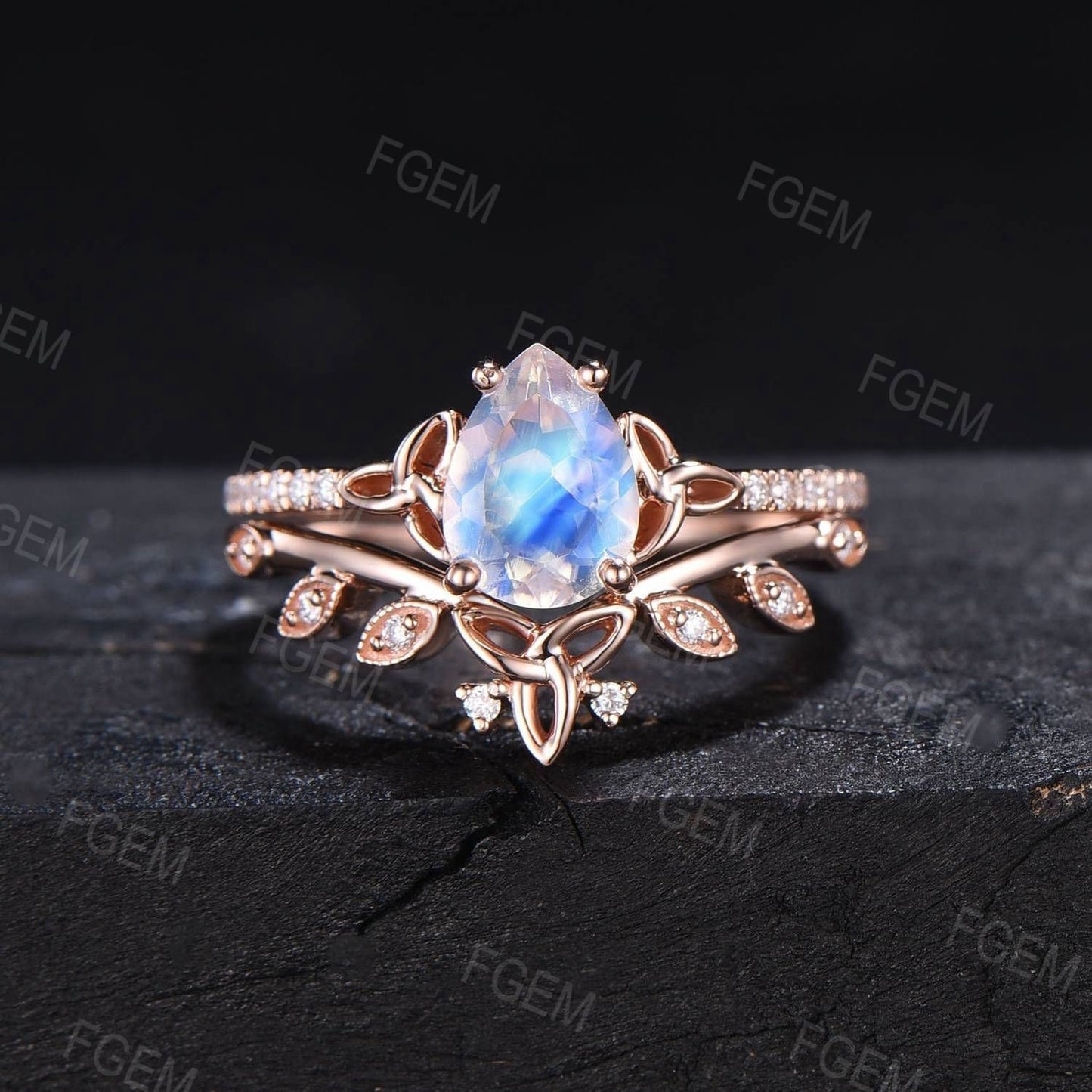 Celtic Moonstone Engagement Ring Set 10K Rose Gold 1.25ct Pear Natural Moonstone Wedding Ring Set Half Eternity Moissanite Trinity Knot Ring