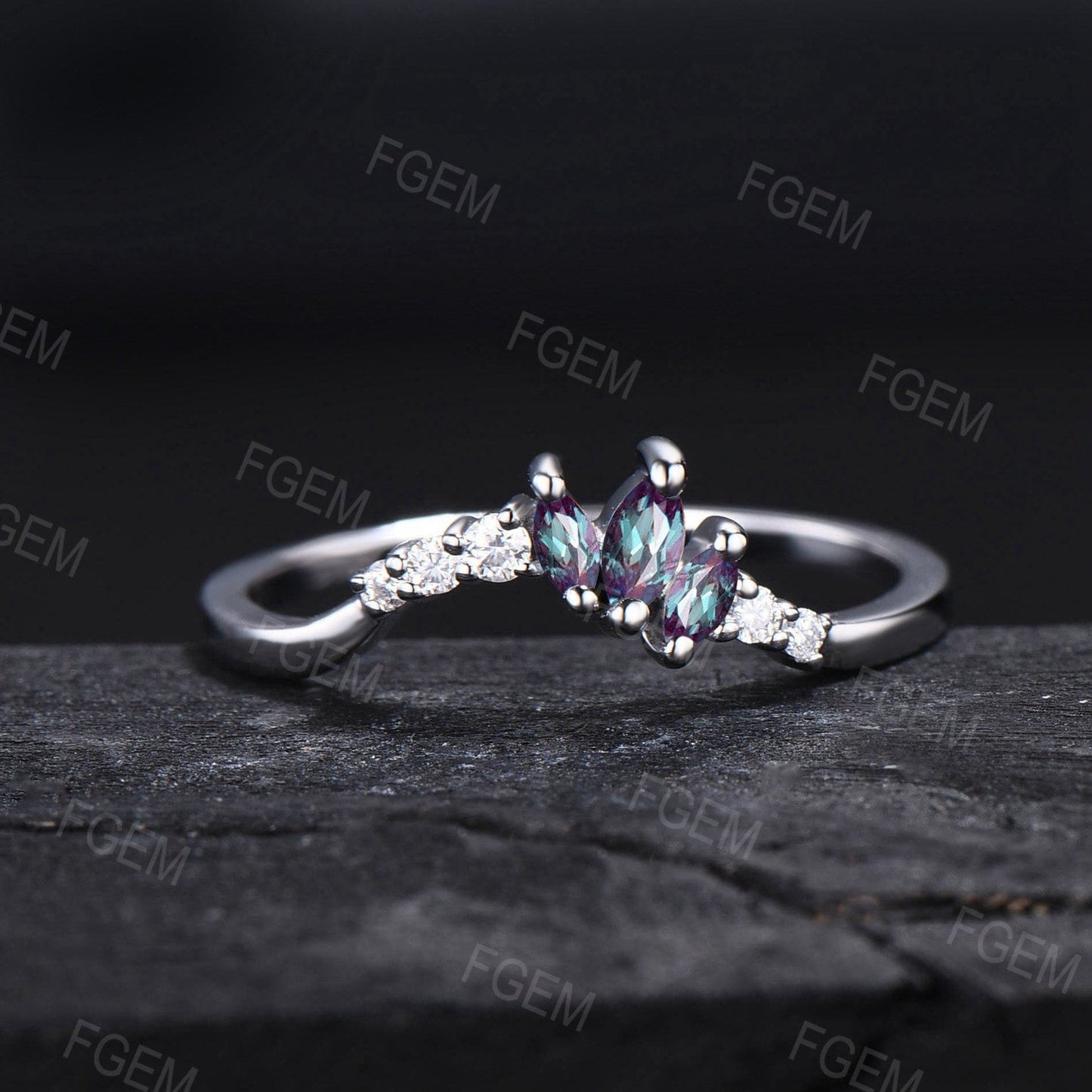 Curved Moissanite Alexandrite Stacking Matching Wedding Band Art Deco 10K Rose Gold Marquise Alexandrite Contoured Anniversary Wedding Ring