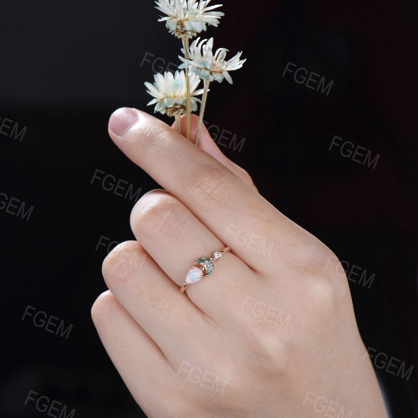 Unique Opal Moss Agate Engagement Ring Dainty Pear Opal Ring Marquise Moss Ring October Birthstone Minimalist Wedding Ring Birthday Gifts