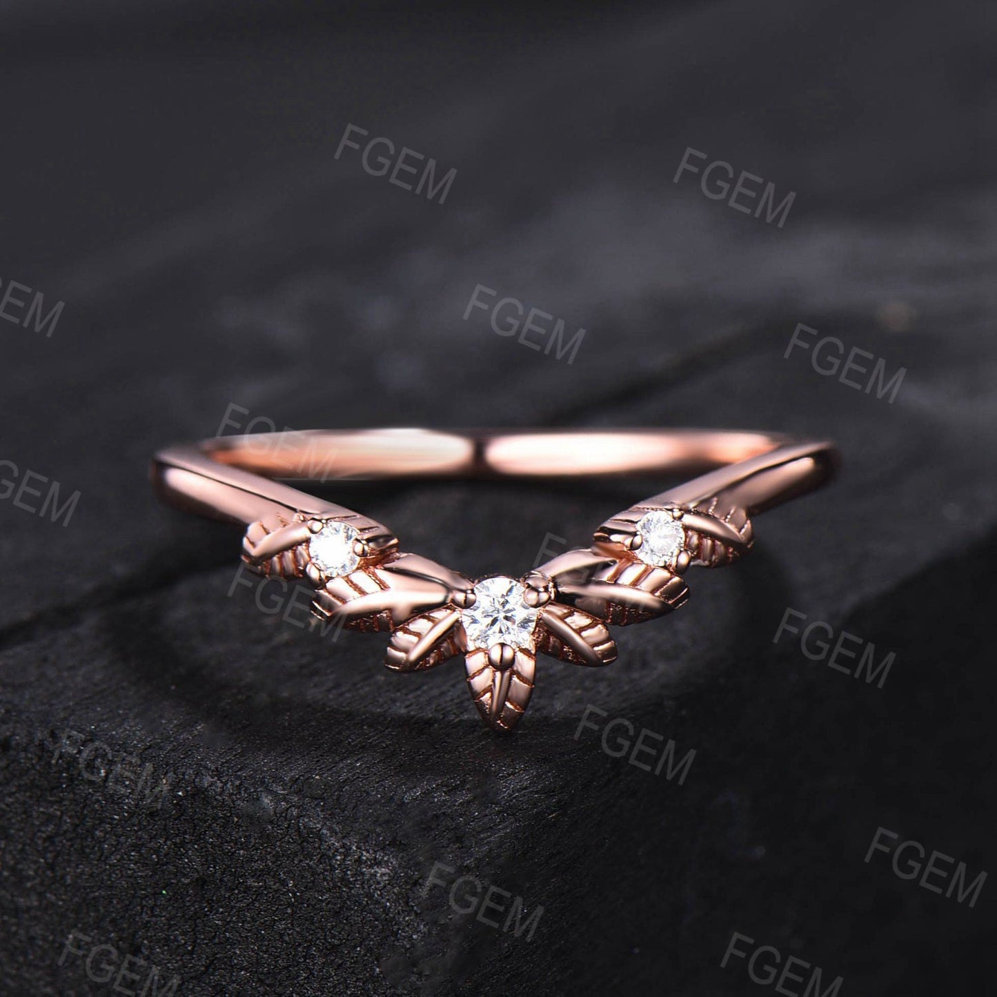 Leaf Curved Moissanite Wedding Band Vintage 10K Rose Gold Diamond Filigree Nature Inspired Botanical Ring Matching Stacking Nesting Band