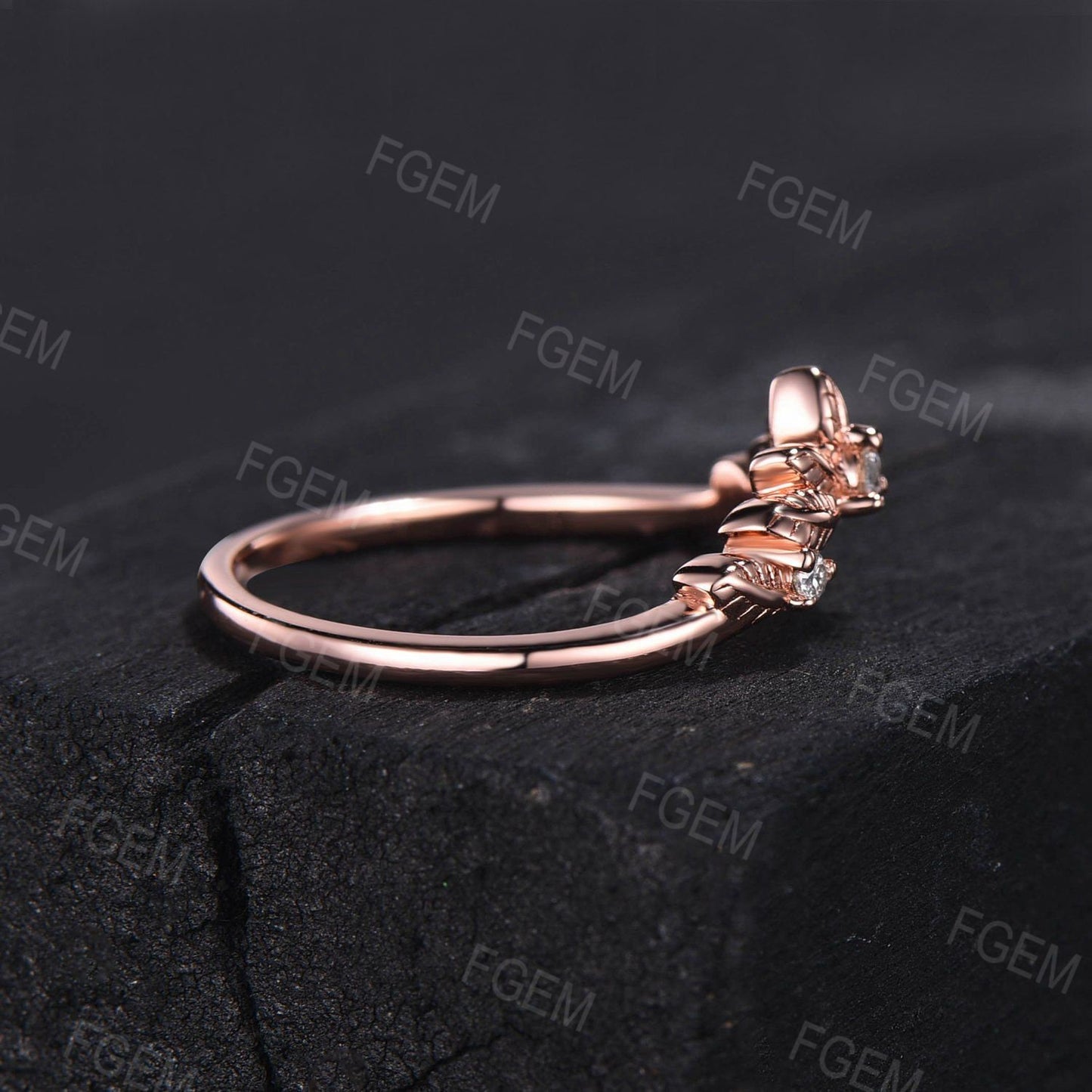 Leaf Curved Moissanite Wedding Band Vintage 10K Rose Gold Diamond Filigree Nature Inspired Botanical Ring Matching Stacking Nesting Band