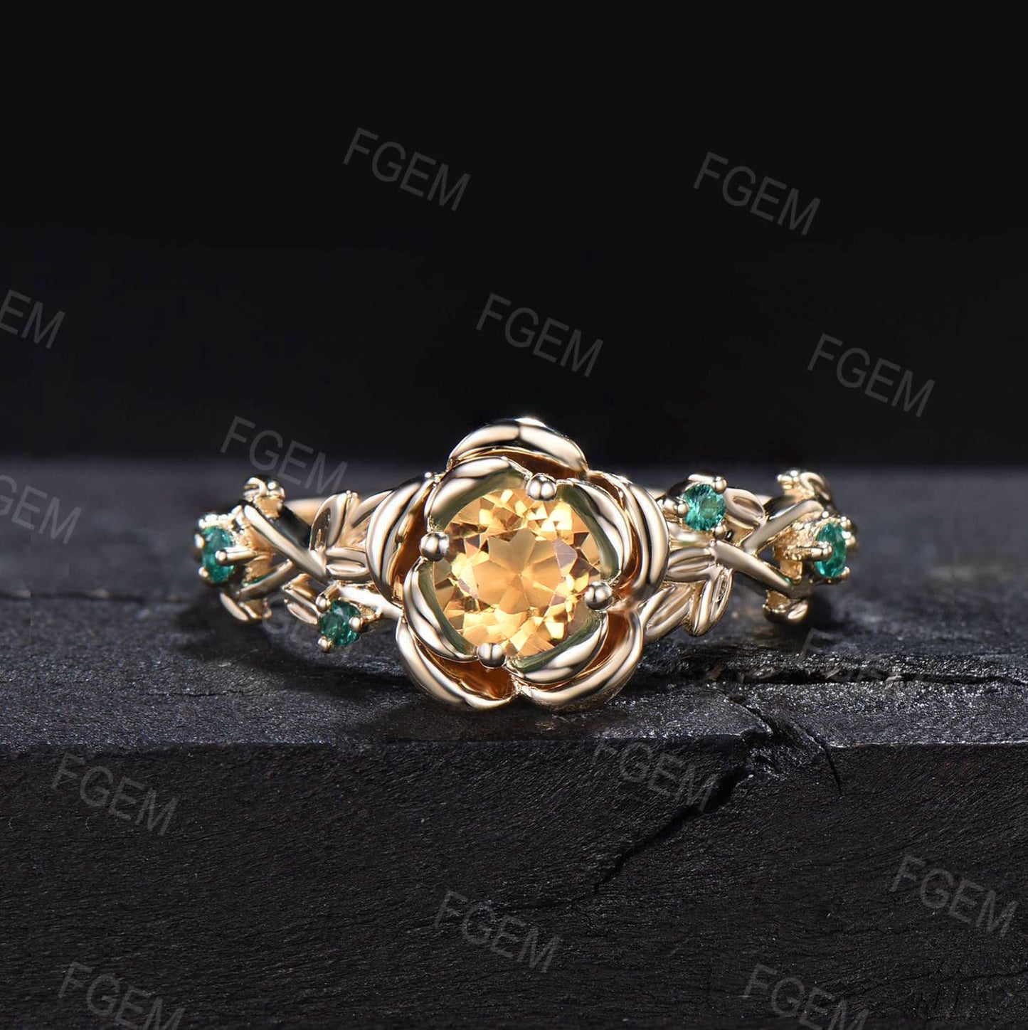 5MM Round Cut Nature Inspired Rose Flower Natural Yellow Citrine Emerald Engagement Ring Set Emerald Opal Floral Wedding Ring Set for Women