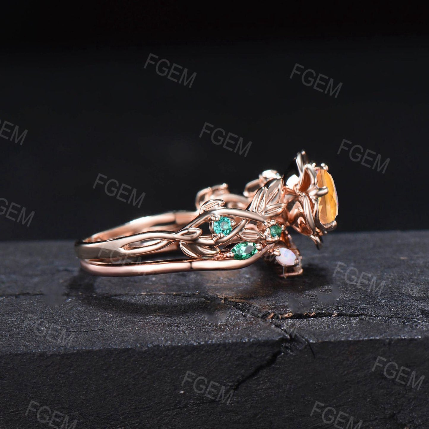 5MM Round Cut Nature Inspired Rose Flower Natural Yellow Citrine Emerald Engagement Ring Set Emerald Opal Floral Wedding Ring Set for Women