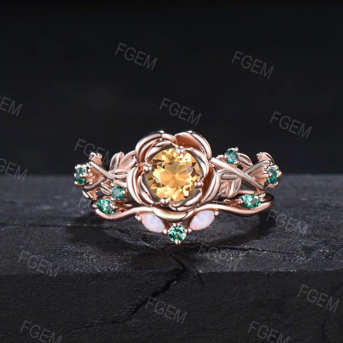 5MM Round Cut Nature Inspired Rose Flower Natural Yellow Citrine Emerald Engagement Ring Set Emerald Opal Floral Wedding Ring Set for Women