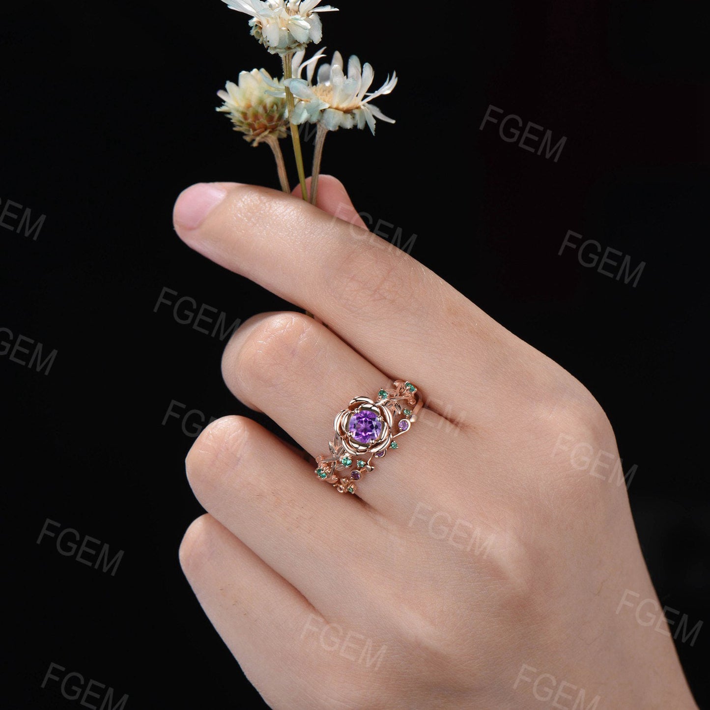 Rose Flower Natural Amethyst Bridal Set Leaf Nature Inspired Round Emerald Amethyst Engagement Ring Set Real Crystal Twig Vine Wedding Ring