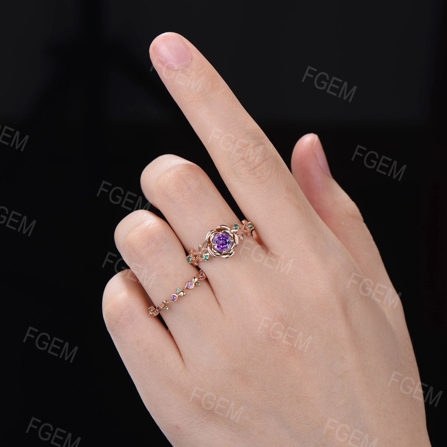 Rose Flower Natural Amethyst Bridal Set Leaf Nature Inspired Round Emerald Amethyst Engagement Ring Set Real Crystal Twig Vine Wedding Ring