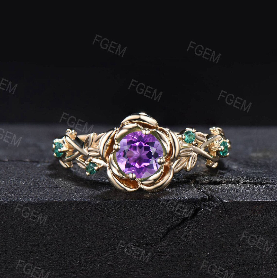 Rose Flower Natural Amethyst Bridal Set Leaf Nature Inspired Round Emerald Amethyst Engagement Ring Set Real Crystal Twig Vine Wedding Ring