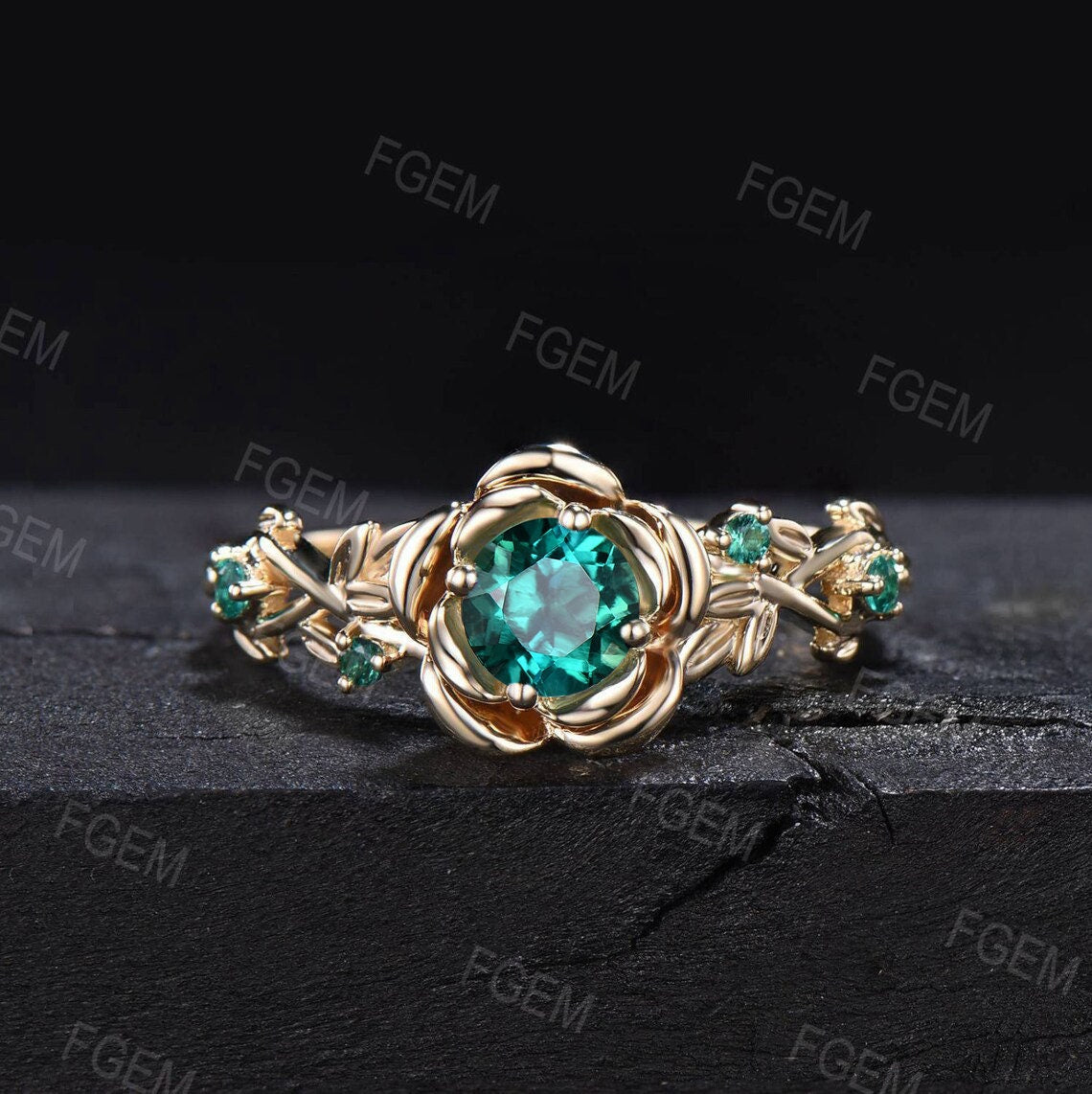 Rose Flower Green Emerald Engagement Ring Set Round Emerald Amethyst Wedding Ring Nature Inspired Floral Ring Leaf Emerald Ring Promise Gift