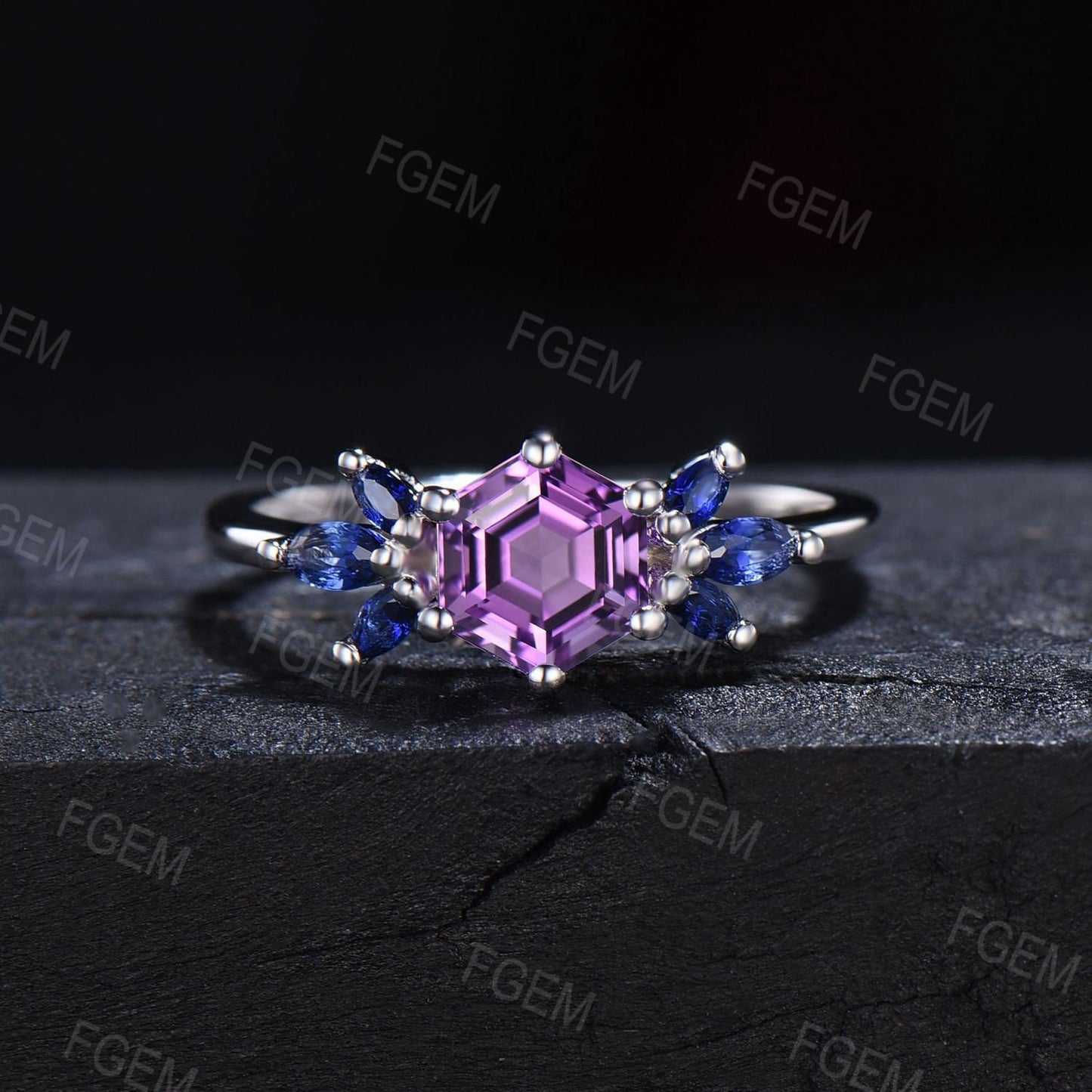 1ct Hexagon Cut Natural Amethyst Promise Ring for Women Rose Gold Purple Crystal Ring Blue Sapphire Wedding Ring February Birthstone Jewelry