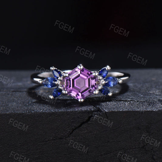 1ct Hexagon Cut Natural Amethyst Promise Ring for Women Rose Gold Purple Crystal Ring Blue Sapphire Wedding Ring February Birthstone Jewelry