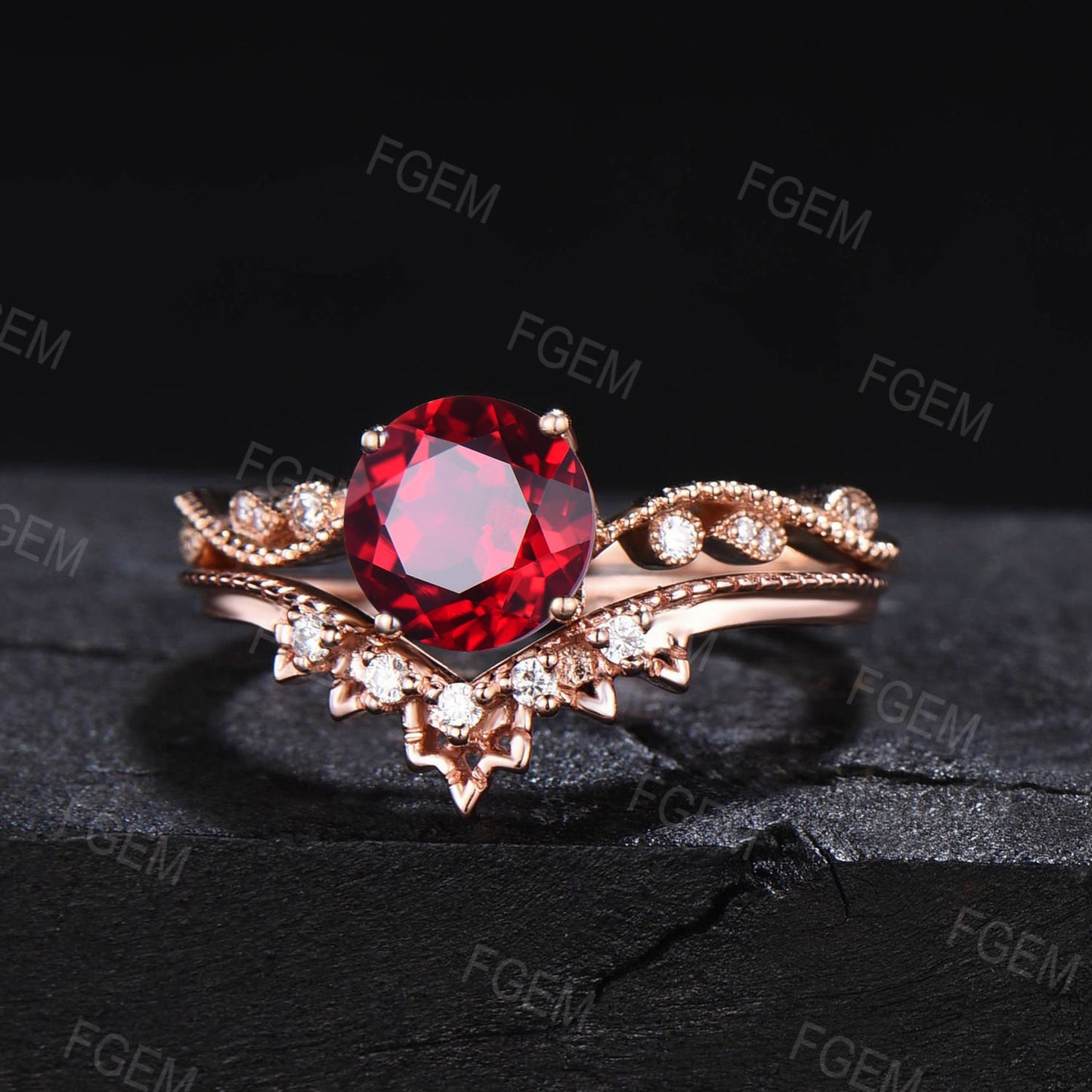 1ct Round Cut Ruby Engagement Ring Set Red Gemstone Jewelry Lace Milgrain Ring Anniversary/Birthday Gifts July Birthstone Wedding Ring Set