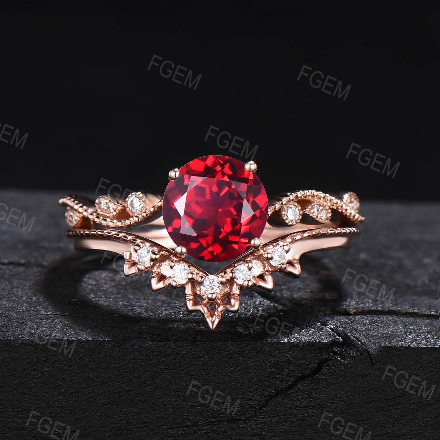 1ct Round Cut Ruby Engagement Ring Set Red Gemstone Jewelry Lace Milgrain Ring Anniversary/Birthday Gifts July Birthstone Wedding Ring Set