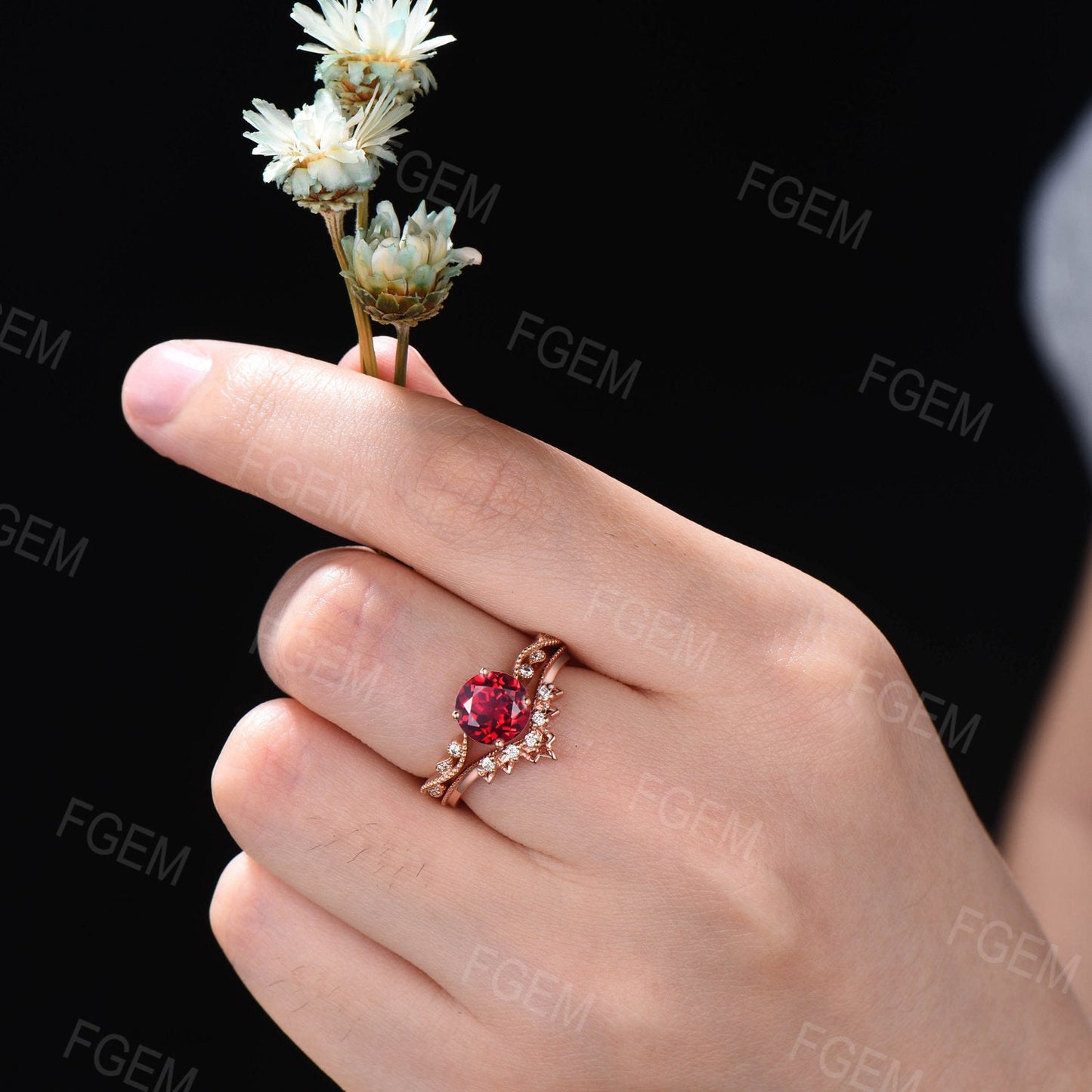 1ct Round Cut Ruby Engagement Ring Set Red Gemstone Jewelry Lace Milgrain Ring Anniversary/Birthday Gifts July Birthstone Wedding Ring Set
