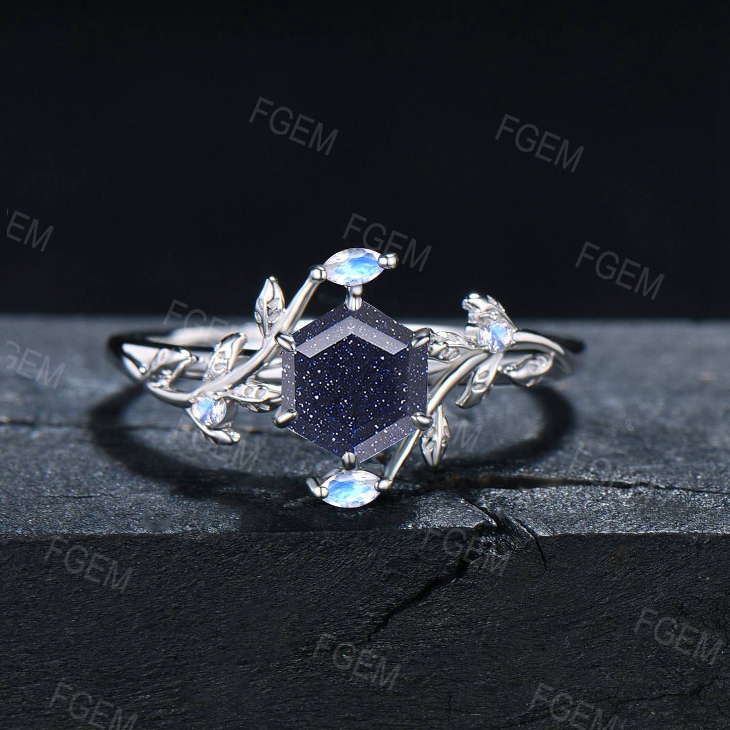 1ct Hexagon Nature Inspired Galaxy Blue Sandstone Ring Vintage Branch Leaf Blue Goldstone Ring Moonstone Ring Unique Proposal Gift for Women