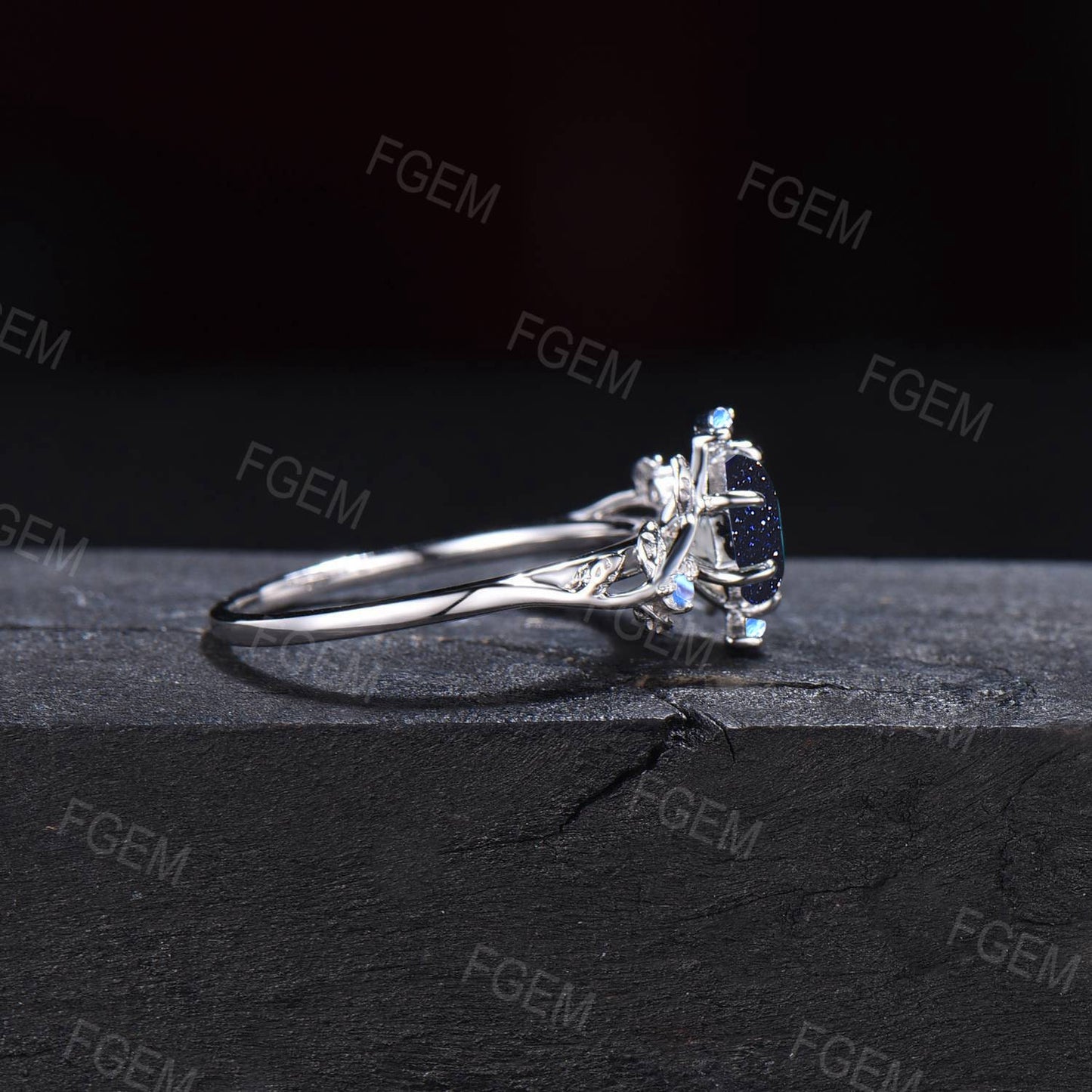 1ct Hexagon Nature Inspired Galaxy Blue Sandstone Ring Vintage Branch Leaf Blue Goldstone Ring Moonstone Ring Unique Proposal Gift for Women