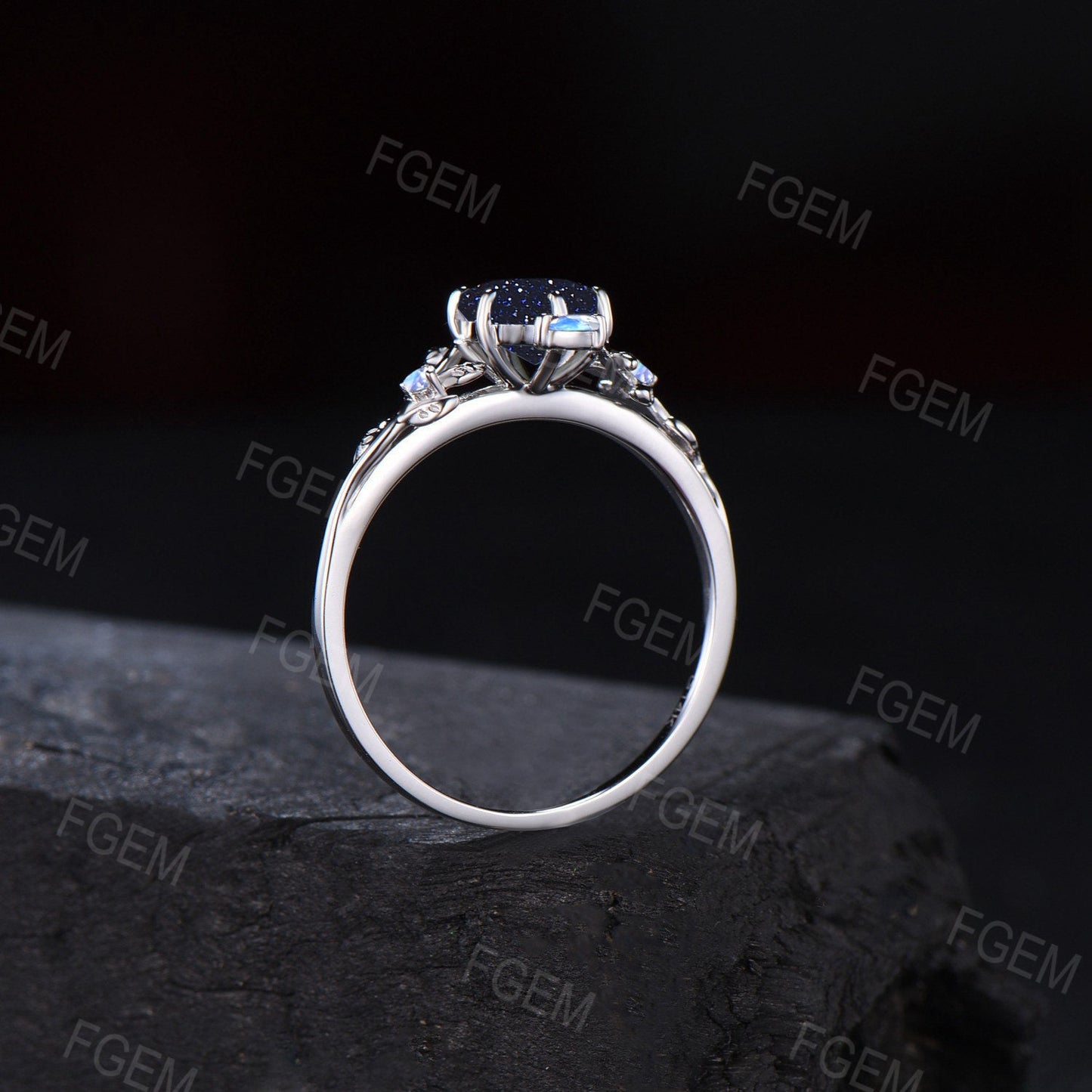1ct Hexagon Nature Inspired Galaxy Blue Sandstone Ring Vintage Branch Leaf Blue Goldstone Ring Moonstone Ring Unique Proposal Gift for Women