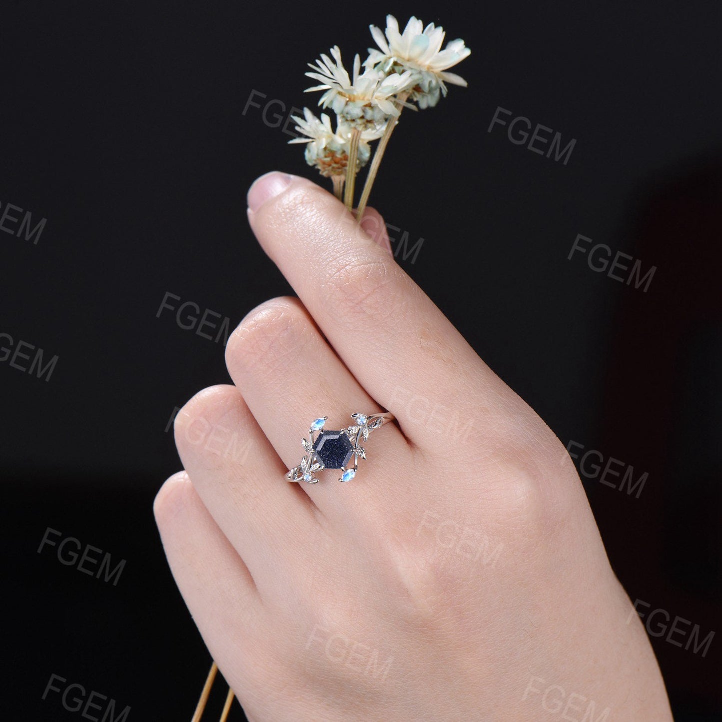 1ct Hexagon Nature Inspired Galaxy Blue Sandstone Ring Vintage Branch Leaf Blue Goldstone Ring Moonstone Ring Unique Proposal Gift for Women