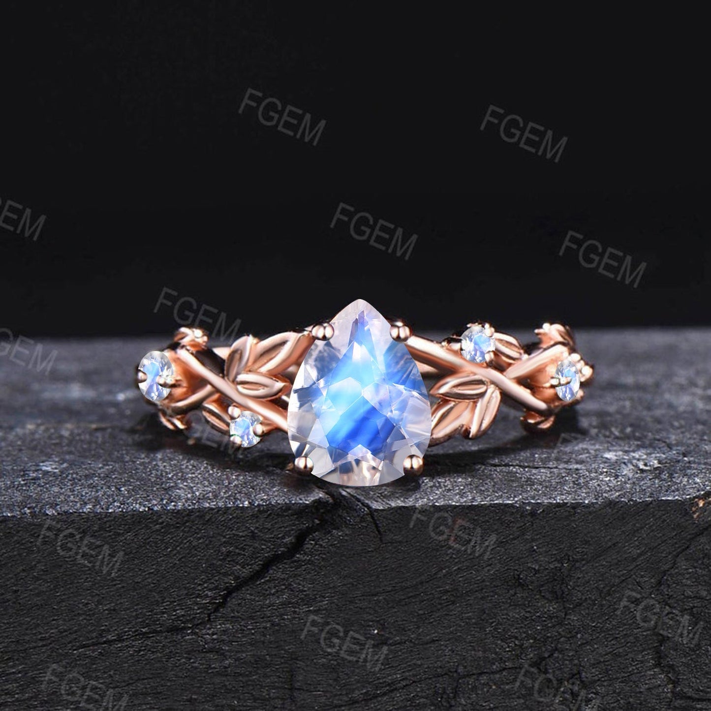 1.25ct Teardrop Natural Rainbow Moonstone Engagement Ring 10K Rose Gold Twist Branch Cluster Moonstone Leaf Wedding Ring Promise Gift Women