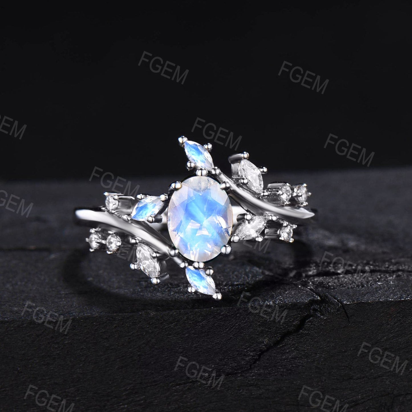 Oval Natural Moonstone Engagement Rings Vintage White Gold Nature Inspired Leaf Cluster Moonstone Moissanite Wedding Ring Anniversary Gifts