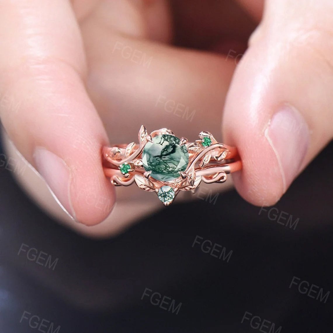 1ct Round Cut Natural Moss Agate Engagement Rings Set 14K White Gold Branch Cluster Emerald Rings Unique Leaf Wedding Ring Anniversary Gifts