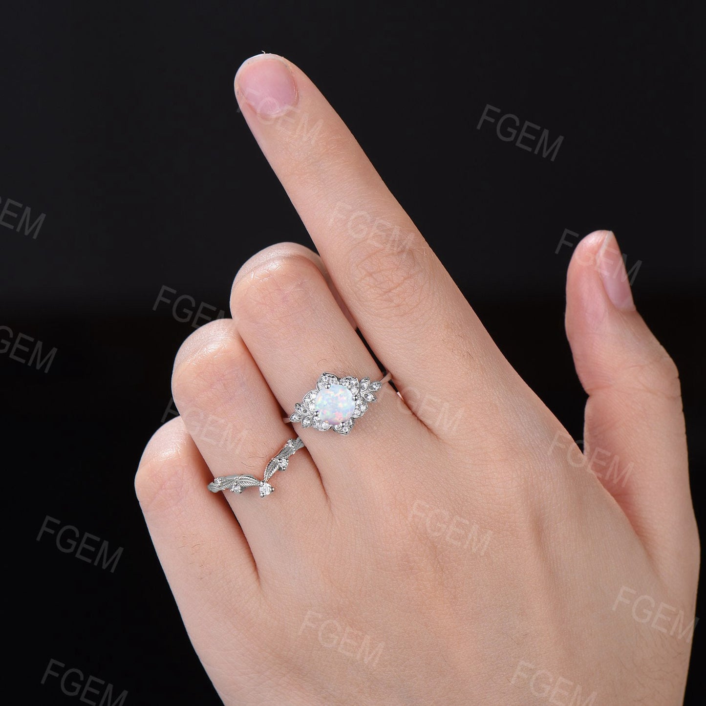 Round White Opal Floral Bridal Set Rose Flower Opal Engagement Ring Set Nature Inspired Leaf Cluster Moissanite Ring October Birthstone Gift