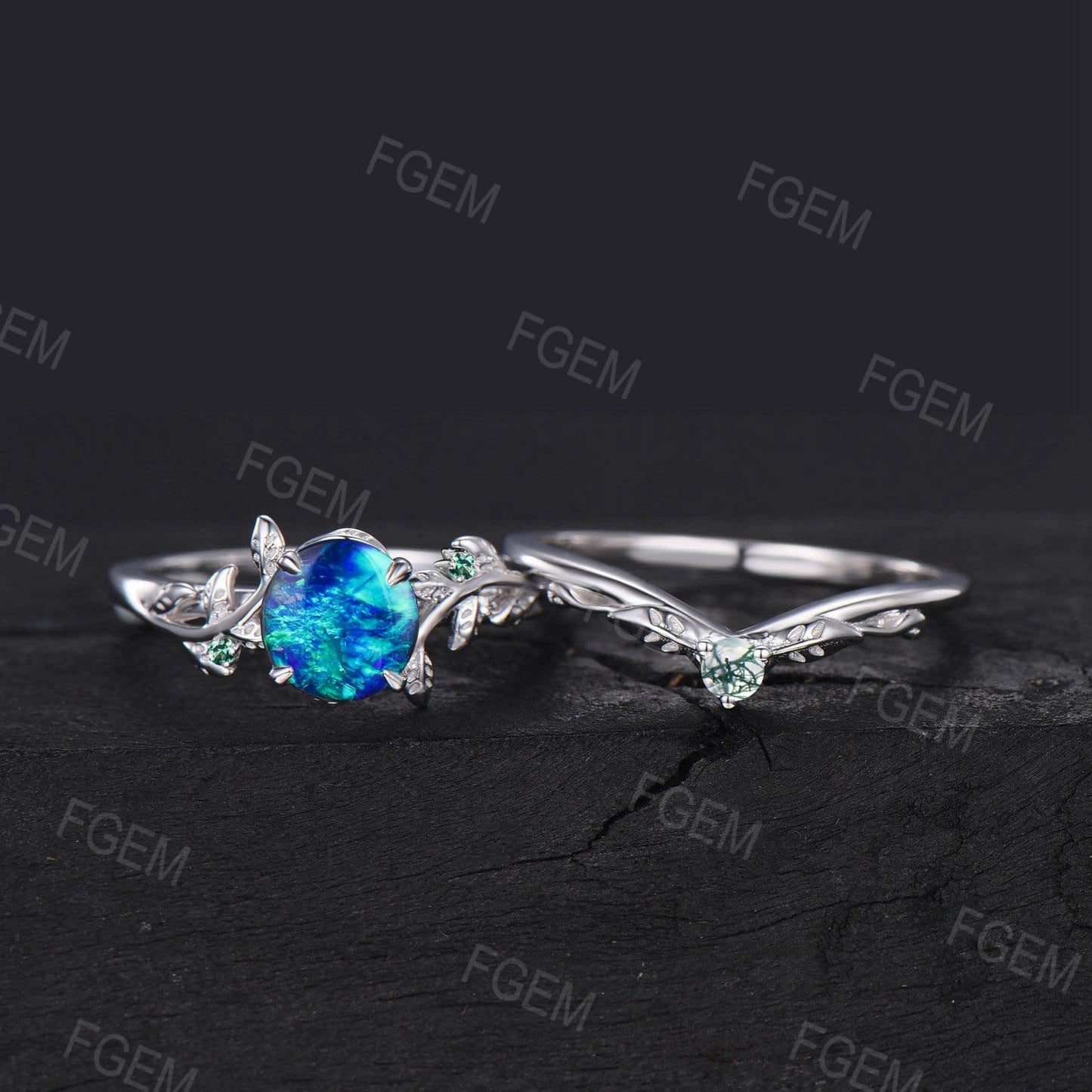 10K White Gold 1ct Round Cut Leaf Blue Fire Opal Emerald Engagement Ring Set Moss Agate Wedding Ring Twig Nature Inspired Opal Promise Ring
