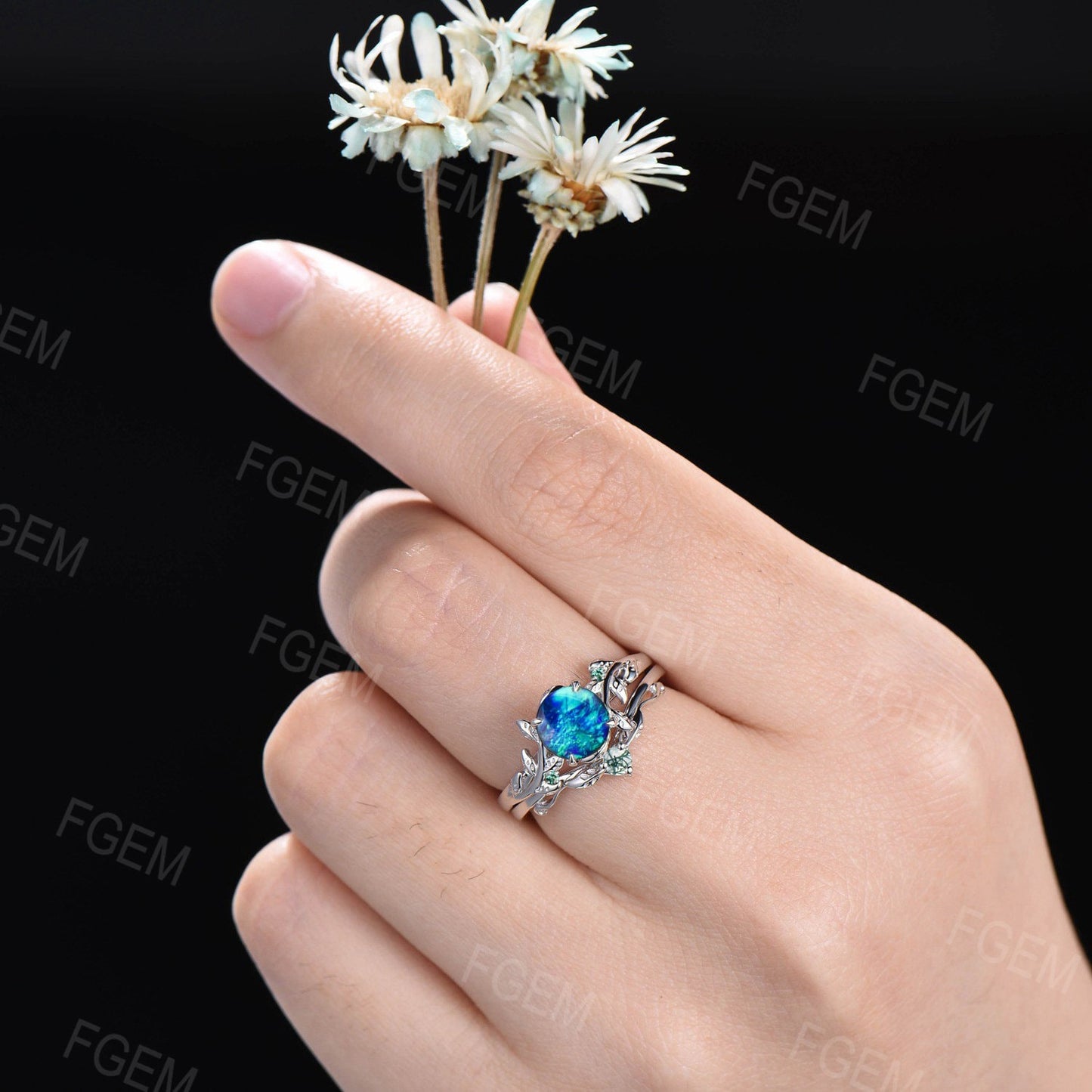 10K White Gold 1ct Round Cut Leaf Blue Fire Opal Emerald Engagement Ring Set Moss Agate Wedding Ring Twig Nature Inspired Opal Promise Ring