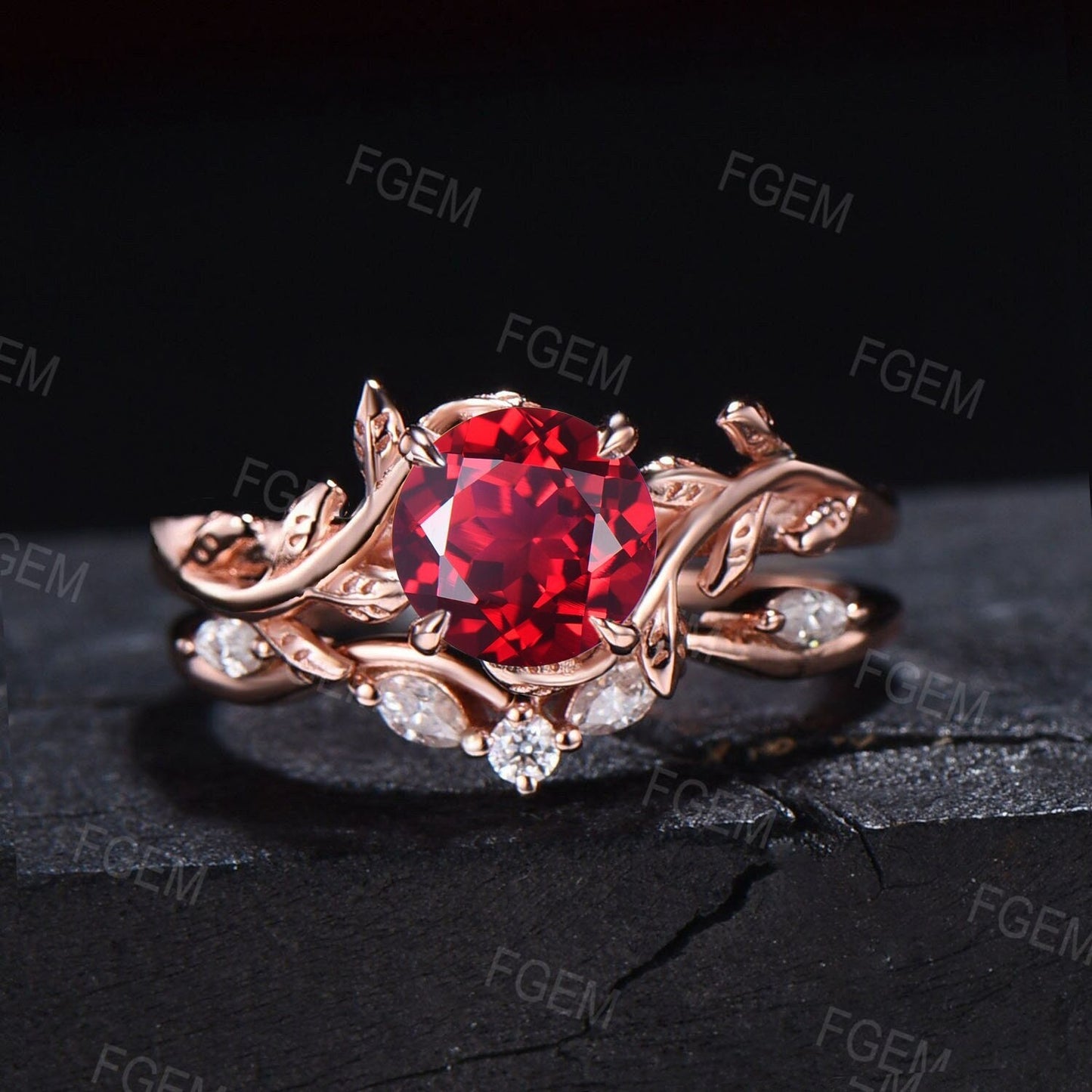 1ct Round Nature Inspired Ruby Gemstone Jewelry Rose Gold Twig Leaf Ruby Engagement Ring Set Unique Anniversary Gifts July Birthstone Ring
