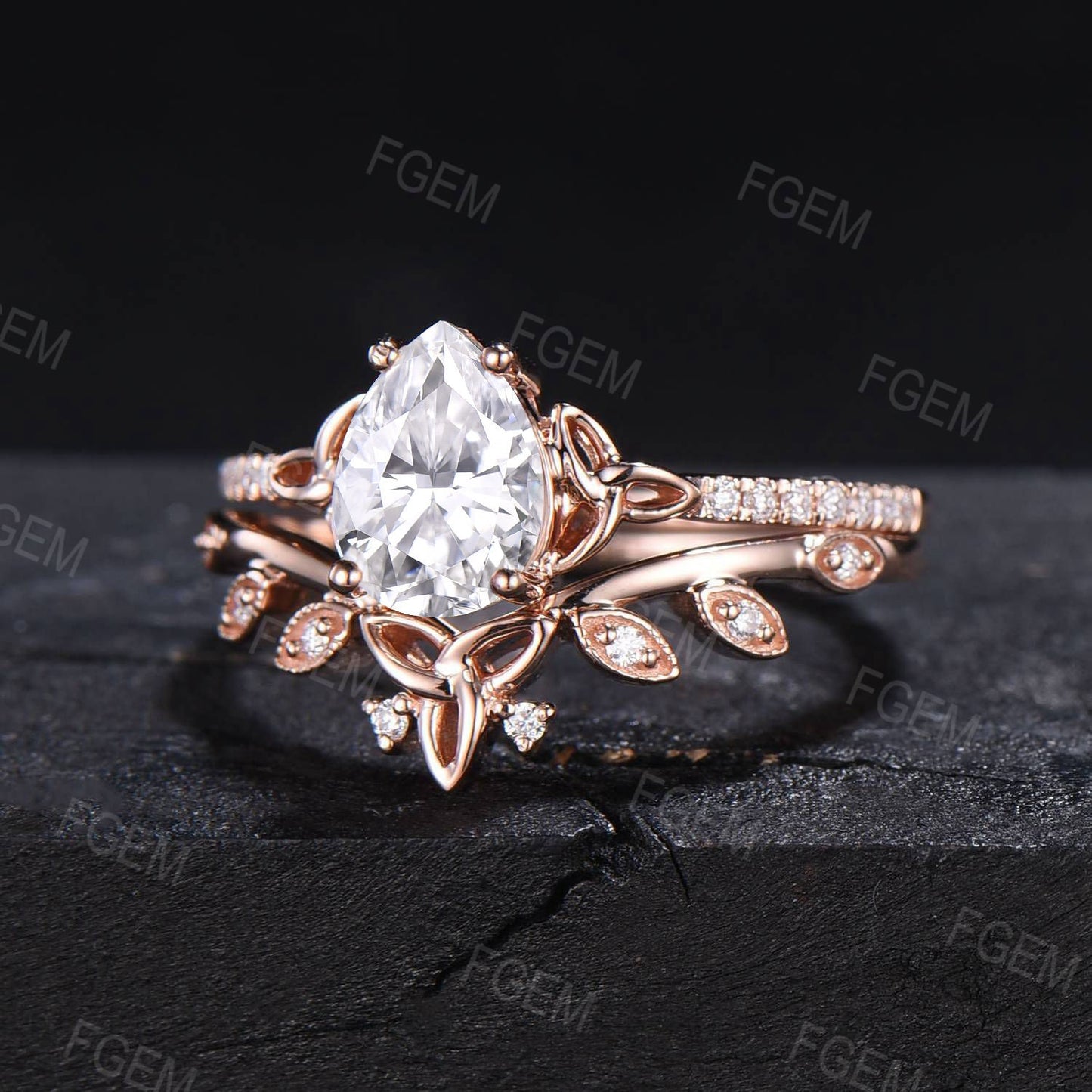 1.25ct Pear Cut Moissanite Celtic Engagement Ring Set Half Eternity Band Moissanite Diamond Trinity Knot Wedding Ring Leaf Moissanite Bridal Set