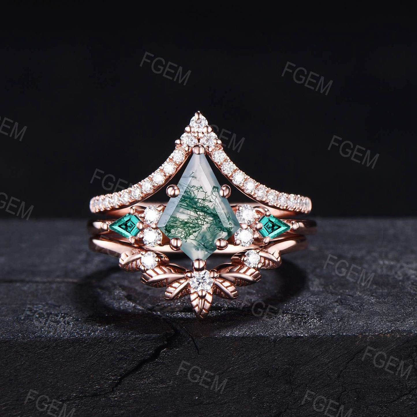 Kite Cut Natural Moss Agate Engagement Ring Set Leaf Wedding Band Set Vintage 10K/14K/18K Rose Gold Green Emerald Moissanite Wedding Ring