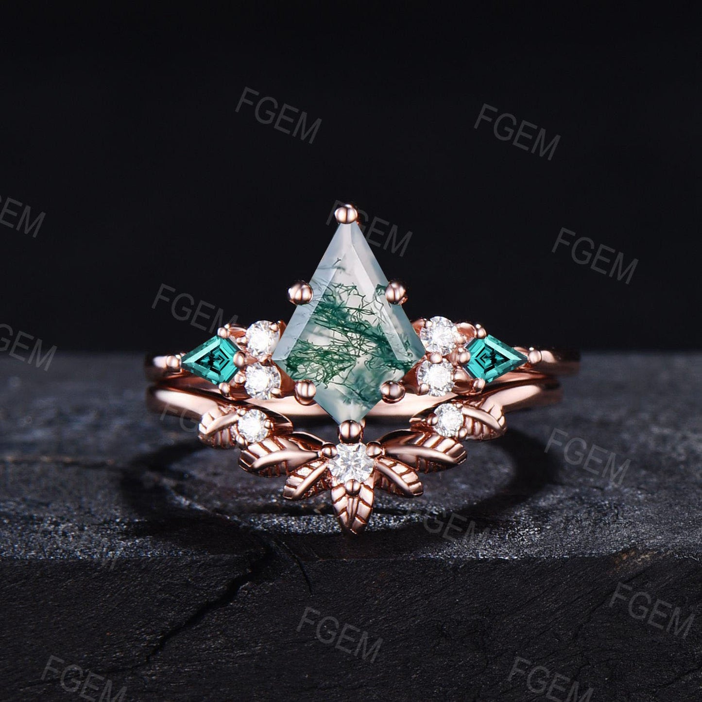 Kite Cut Natural Moss Agate Engagement Ring Set Leaf Wedding Band Set Vintage 10K/14K/18K Rose Gold Green Emerald Moissanite Wedding Ring