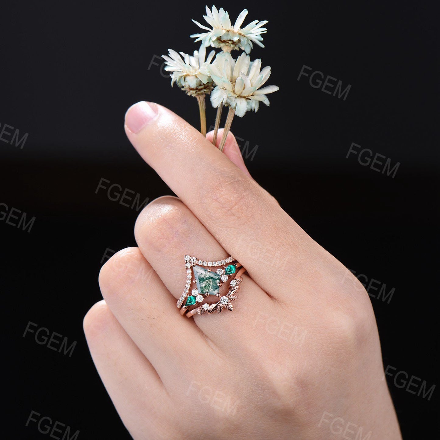 Kite Cut Natural Moss Agate Engagement Ring Set Leaf Wedding Band Set Vintage 10K/14K/18K Rose Gold Green Emerald Moissanite Wedding Ring