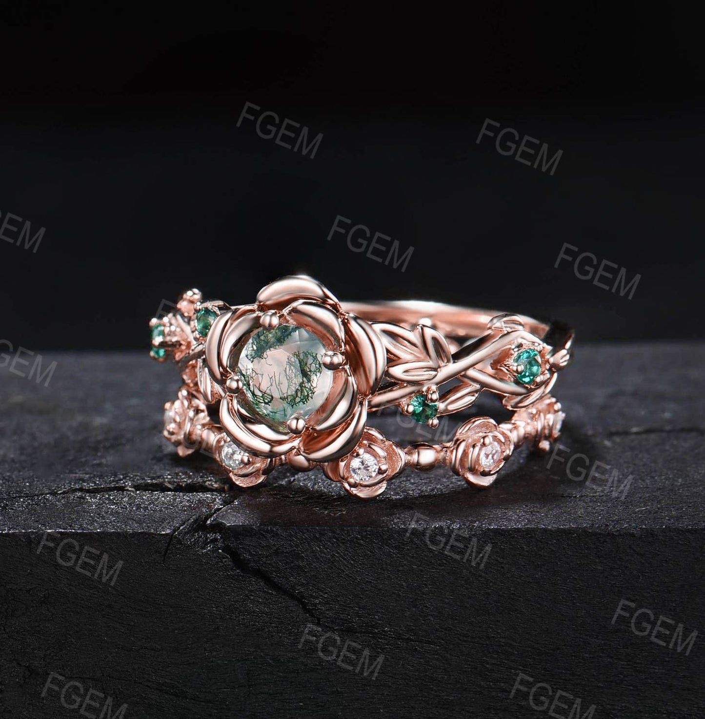 Nature Inspired Round Moss Agate Rose Flower Engagement Ring Set Leaf Branch 14K Rose Gold Twig Floral Emerald Moissanite Wedding Ring Women