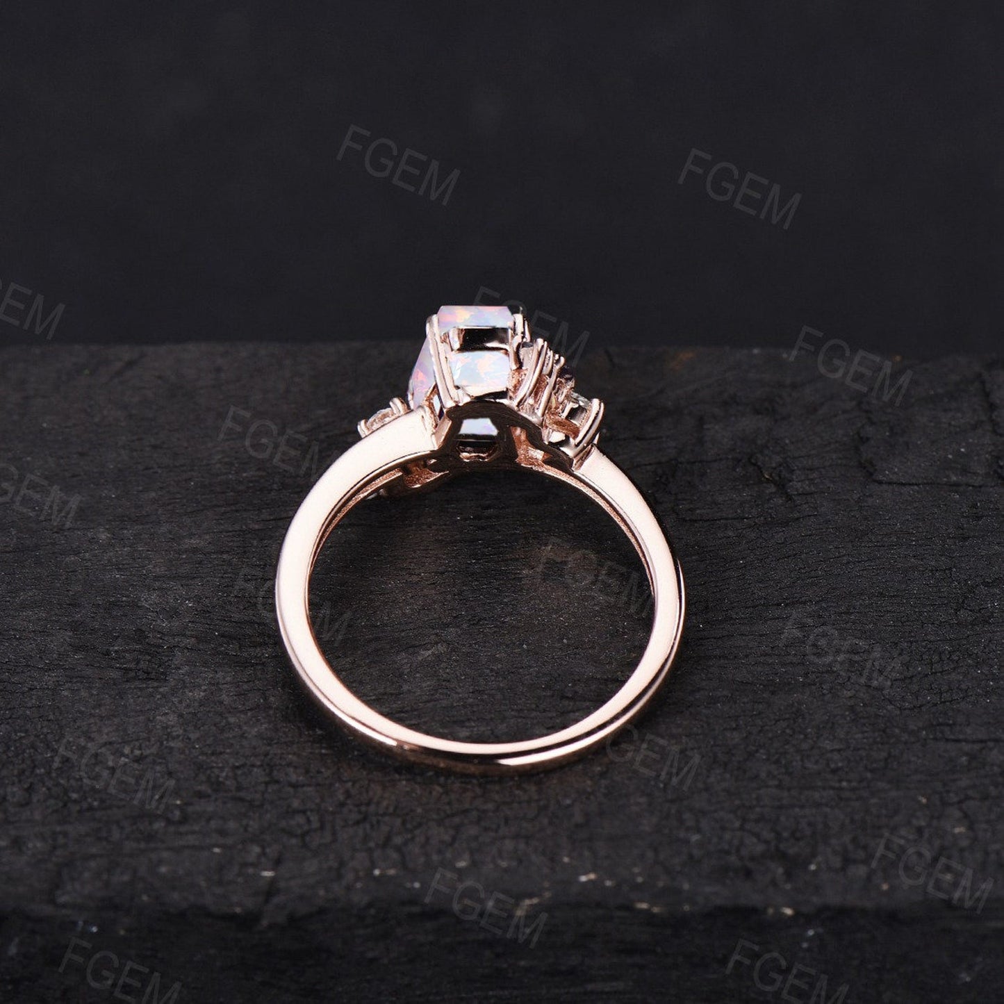 Coffin Shaped White Opal Ring for Women Rose Gold Ring Coffin Opal Engagement Ring Moissanite Cluster Ring October Birthstone Jewelry Gifts