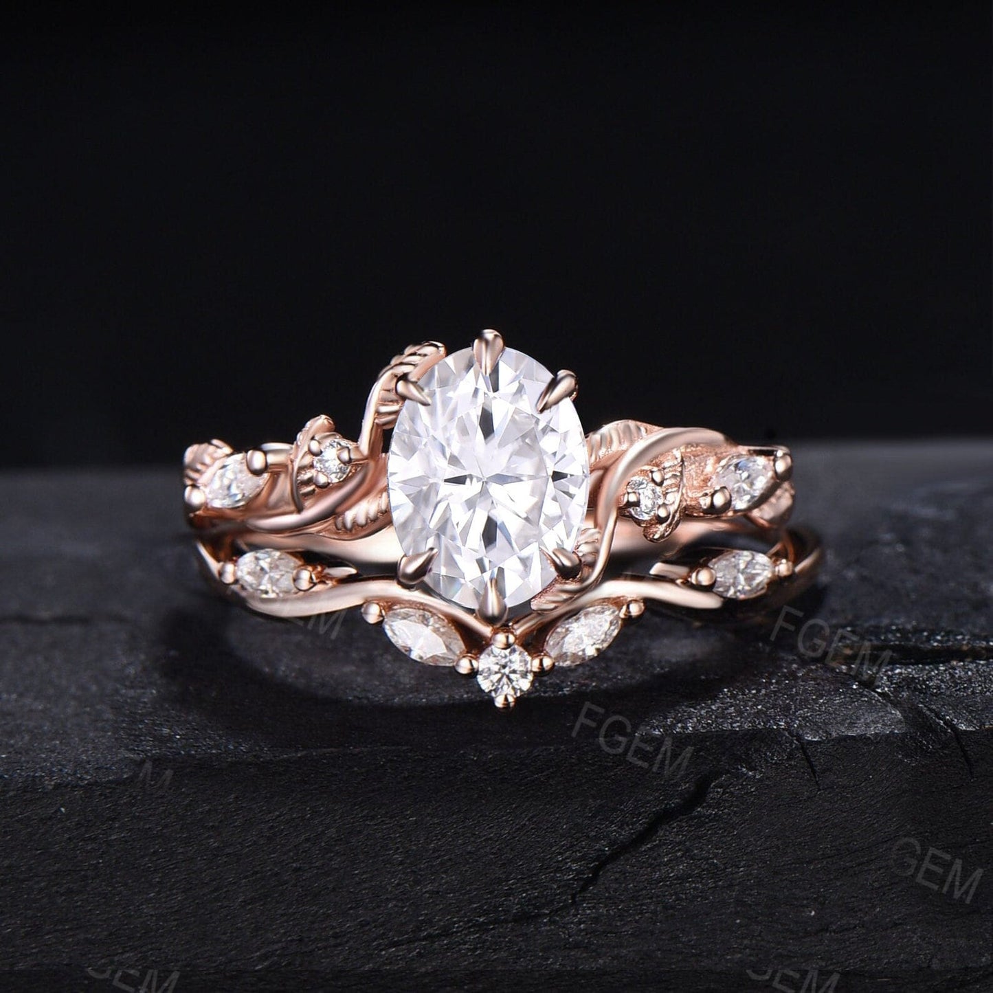 1.5ct Twist Vine Oval Cut Moissanite Engagement Ring Nature Inspired Moissanite Diamond Wedding Ring Set Leaf Branch Moissanite Bridal Set