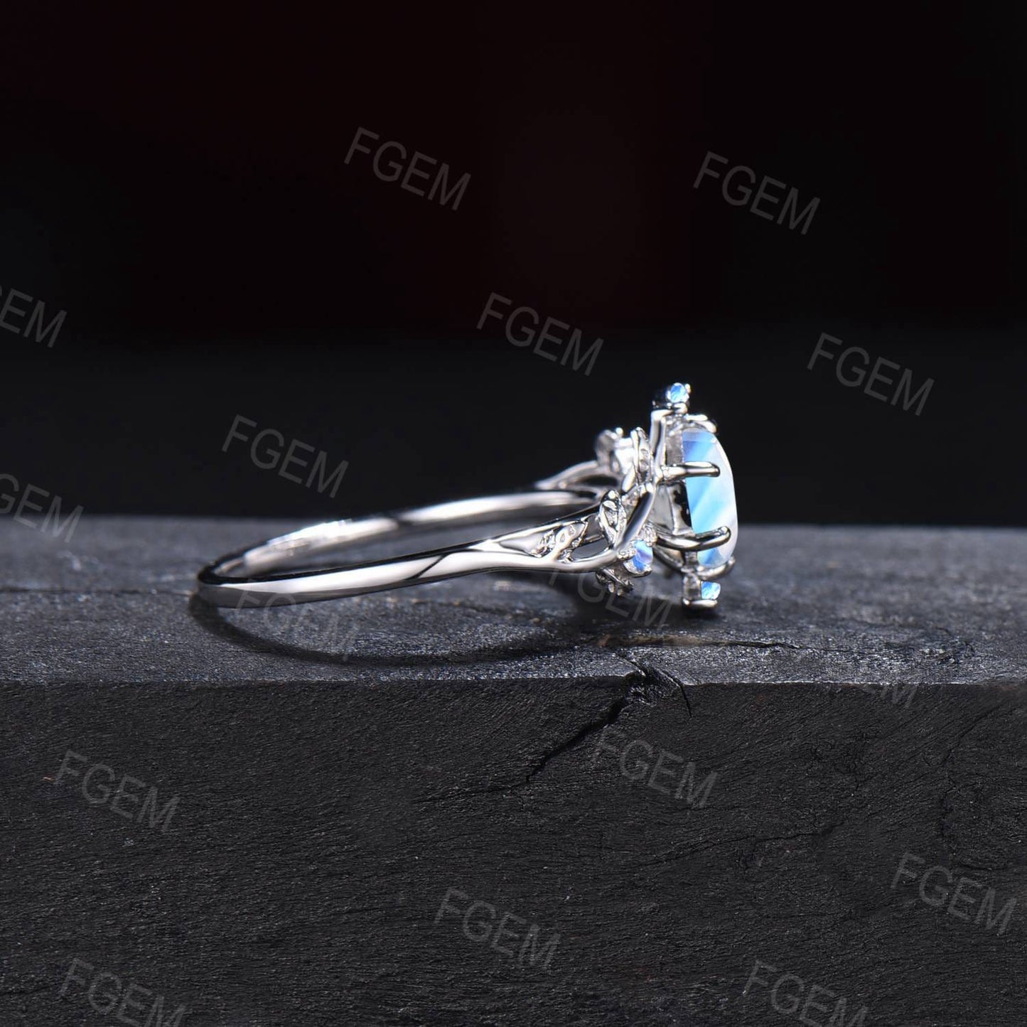 1ct Branch Leaf Hexagon Cut Natural Rainbow Moonstone Engagement Ring Nature Inspired Moonstone Wedding Ring June Birthstone Birthday Gifts