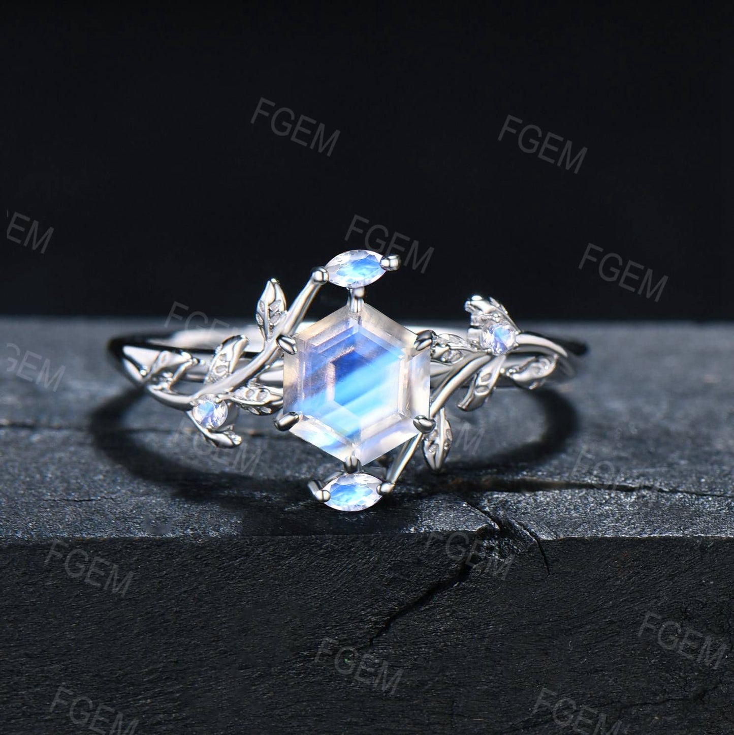 1ct Branch Leaf Hexagon Cut Natural Rainbow Moonstone Engagement Ring Nature Inspired Moonstone Wedding Ring June Birthstone Birthday Gifts
