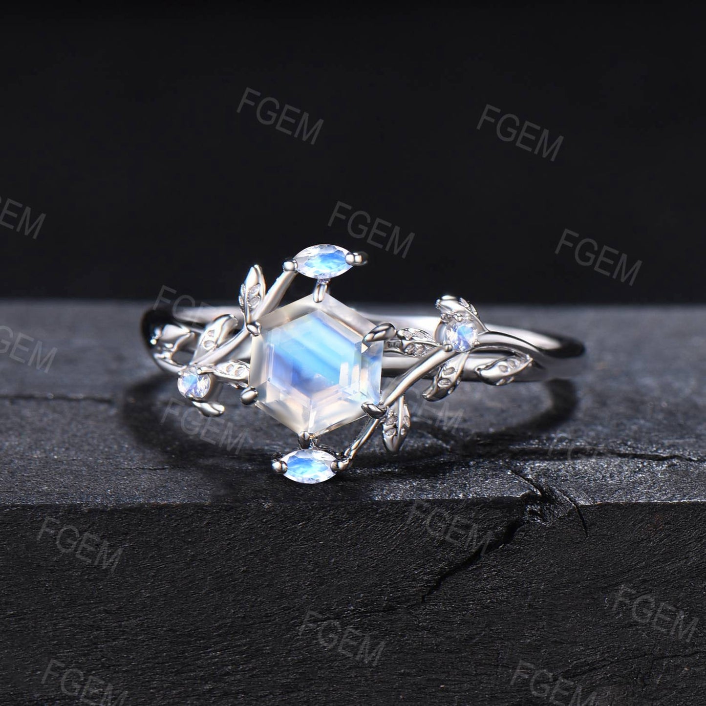 1ct Branch Leaf Hexagon Cut Natural Rainbow Moonstone Engagement Ring Nature Inspired Moonstone Wedding Ring June Birthstone Birthday Gifts