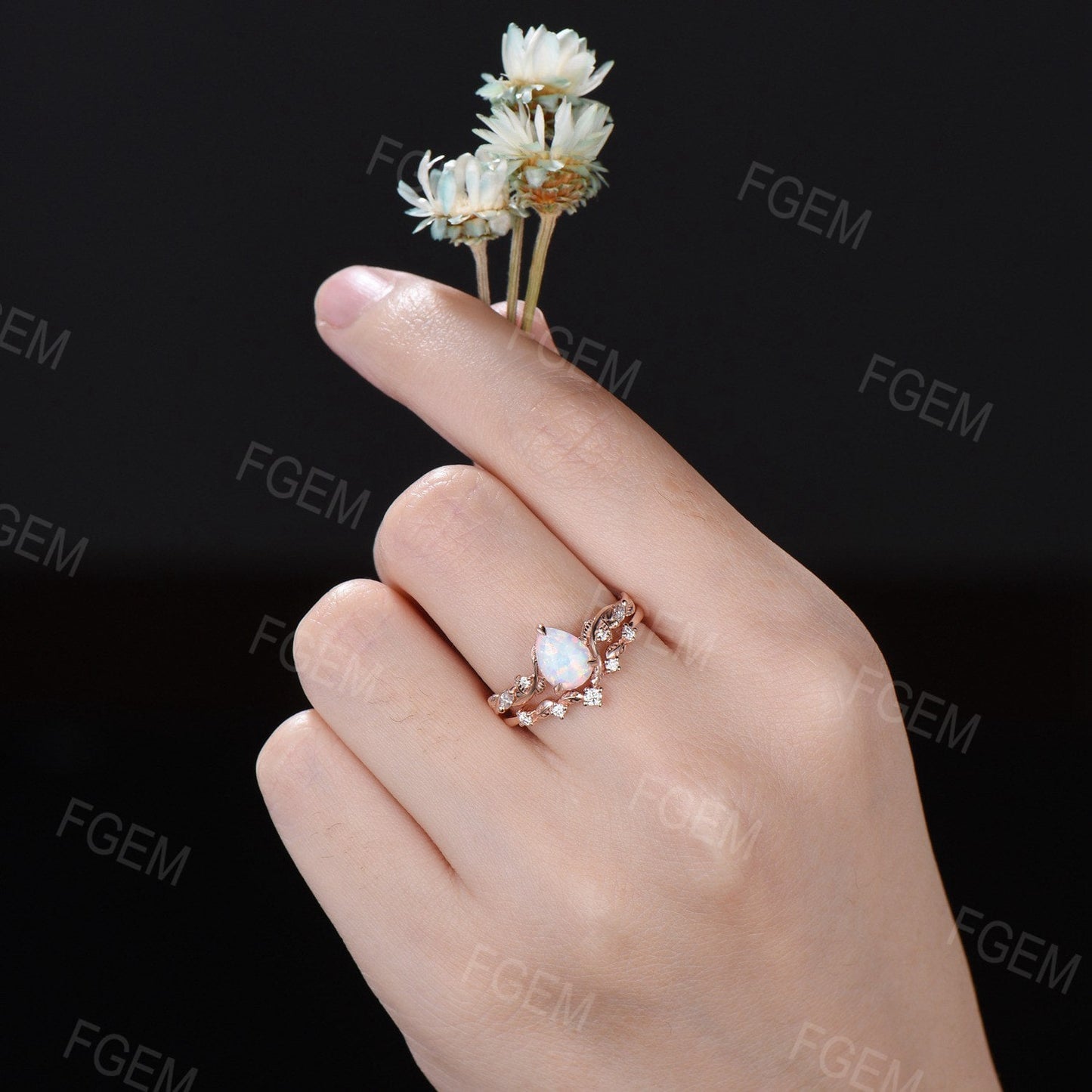 Twist Leaf Moissanite Opal Wedding Ring Set Nature Inspired White Opal Ring Set Vintage 1.25ct Pear Shaped Branch Twig Opal Engagement Ring