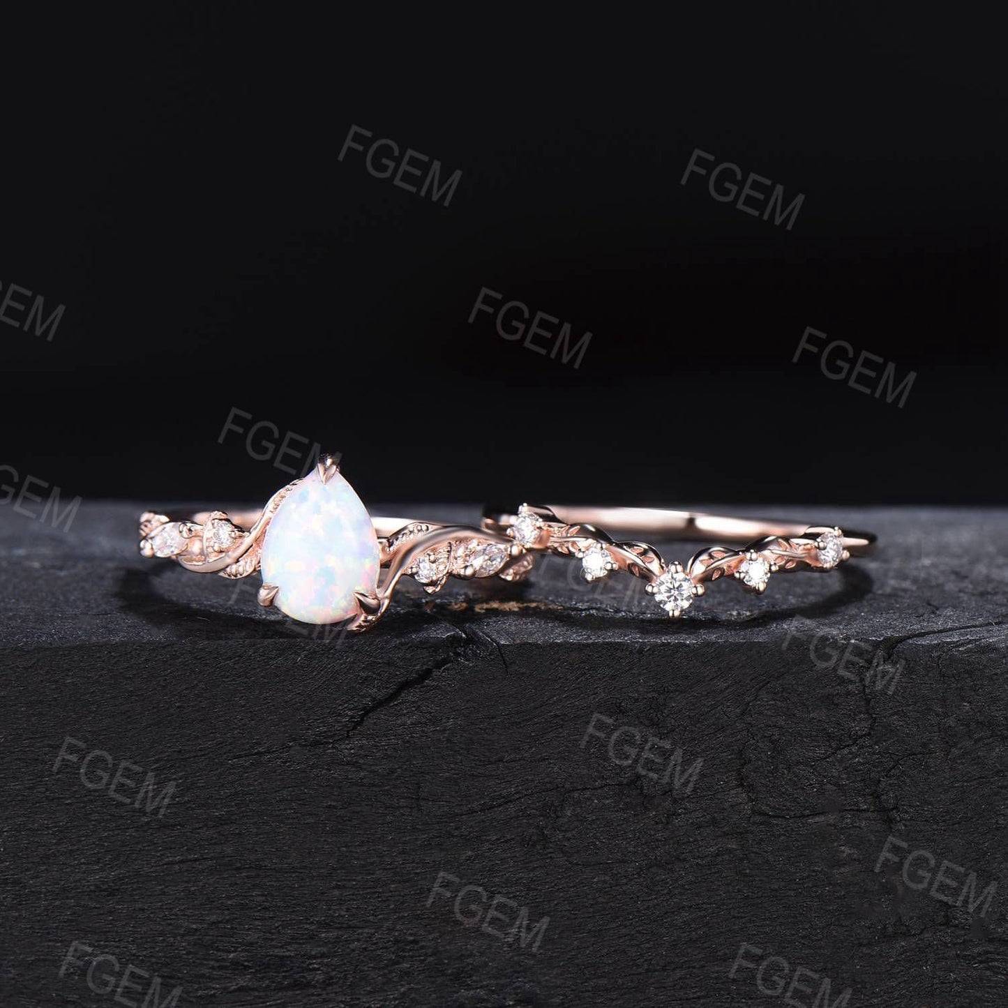 Twist Leaf Moissanite Opal Wedding Ring Set Nature Inspired White Opal Ring Set Vintage 1.25ct Pear Shaped Branch Twig Opal Engagement Ring