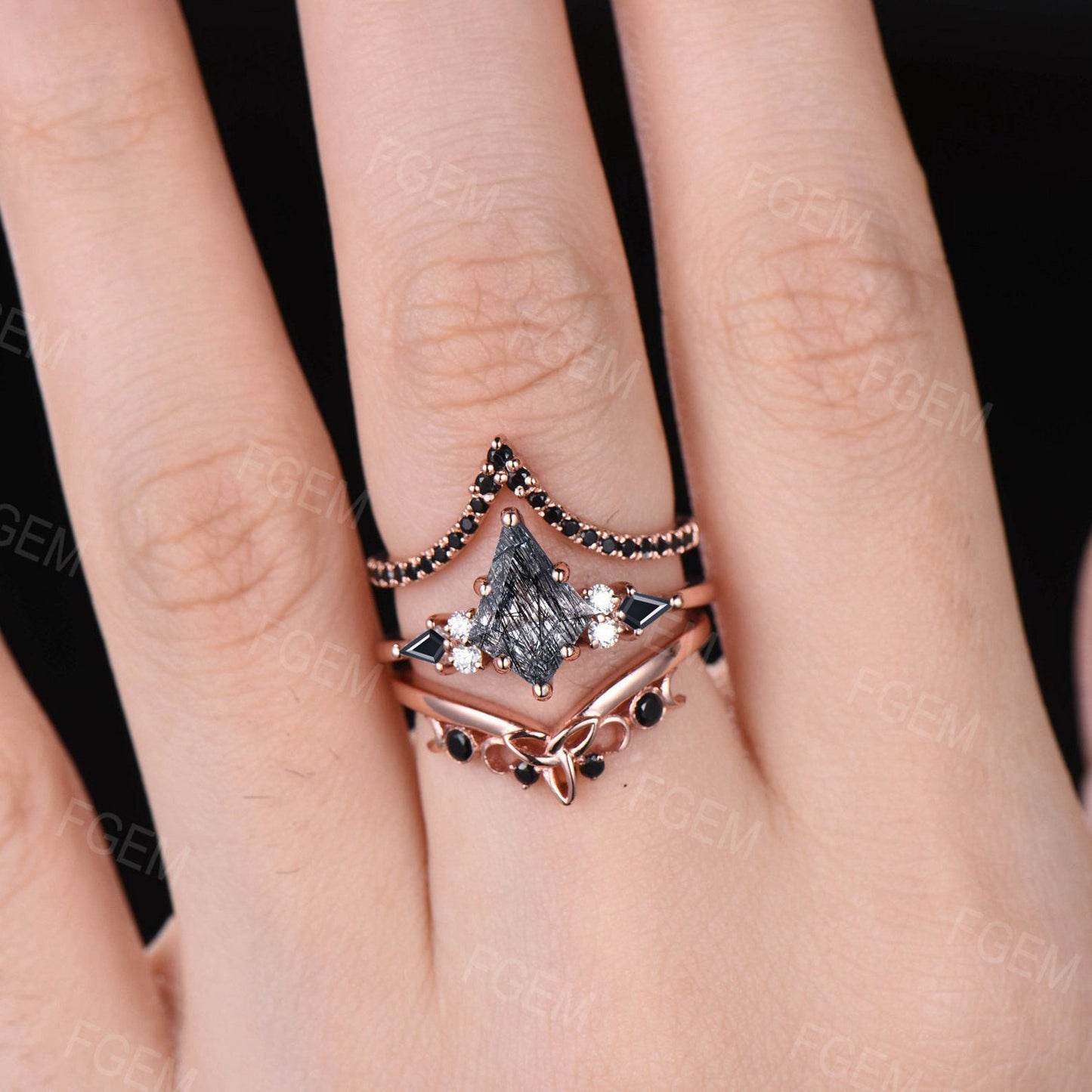 Kite Natural Black Rutilated Quartz Engagement Ring Set Celtic Black Bridal Set Unique 10K Rose Gold Handmade Gothic Proposal Gifts for Her