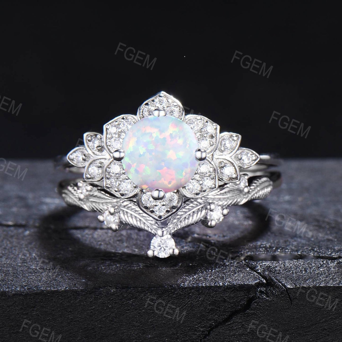 Round White Opal Floral Bridal Set Rose Flower Opal Engagement Ring Set Nature Inspired Leaf Cluster Moissanite Ring October Birthstone Gift