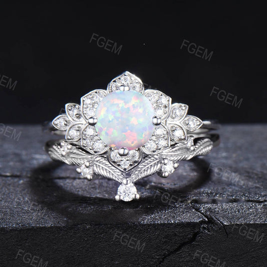 Round White Opal Floral Bridal Set Rose Flower Opal Engagement Ring Set Nature Inspired Leaf Cluster Moissanite Ring October Birthstone Gift