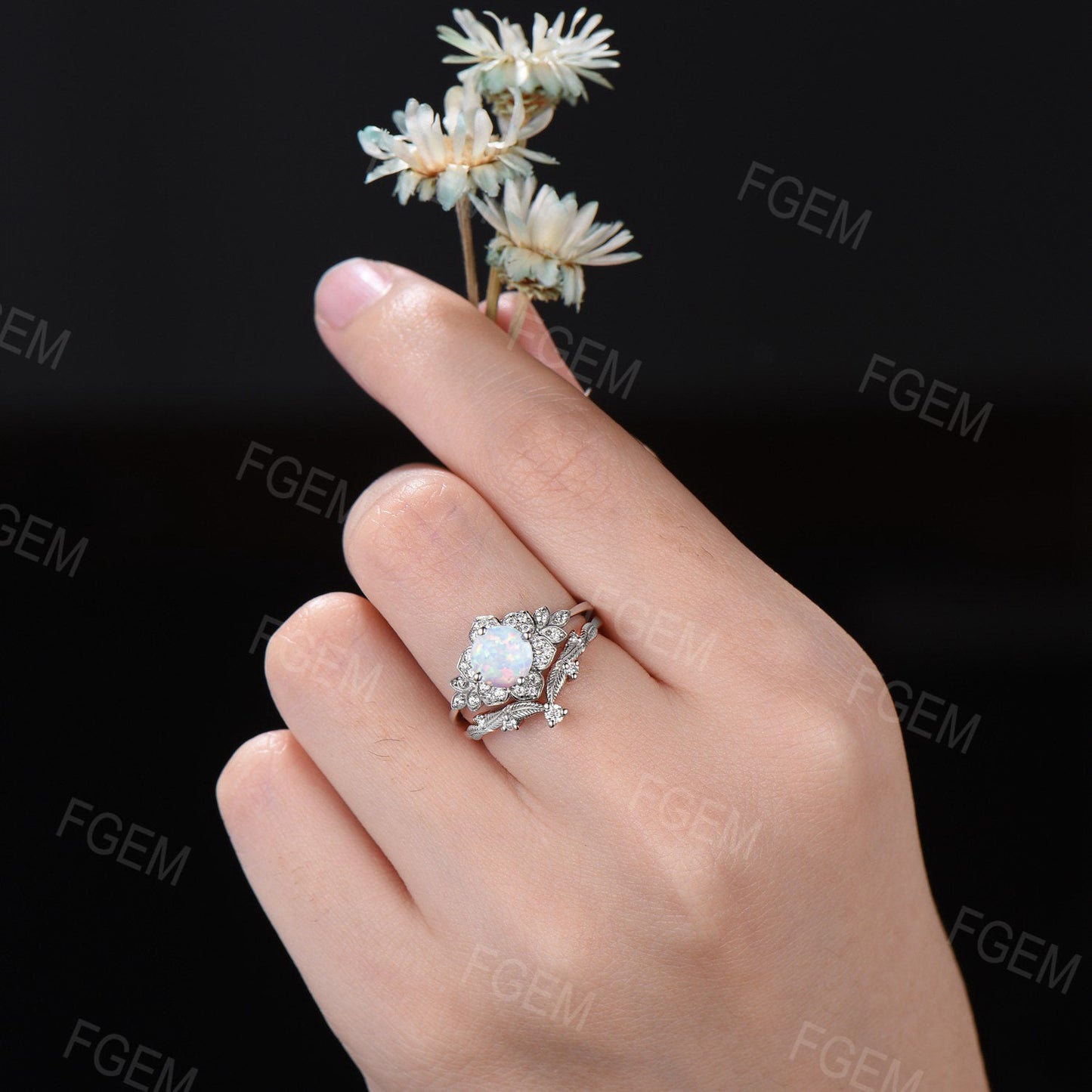 Round White Opal Floral Bridal Set Rose Flower Opal Engagement Ring Set Nature Inspired Leaf Cluster Moissanite Ring October Birthstone Gift