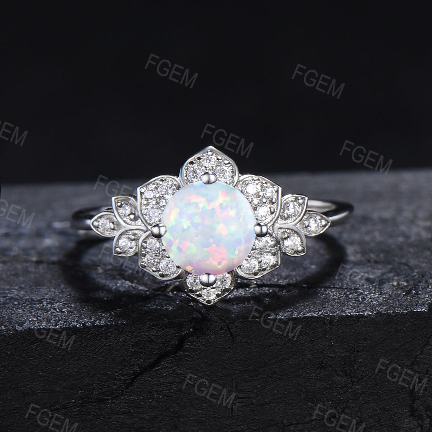 Round White Opal Floral Bridal Set Rose Flower Opal Engagement Ring Set Nature Inspired Leaf Cluster Moissanite Ring October Birthstone Gift