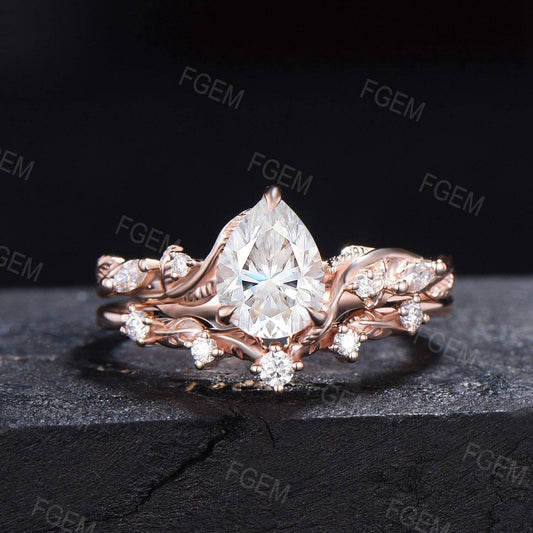 Twist Twig Nature Inspired Pear Moissanite Engagement Ring Set 14K Rose Gold Leaf Cluster Moissanite Diamond Wedding Bridal Set Promise Gift